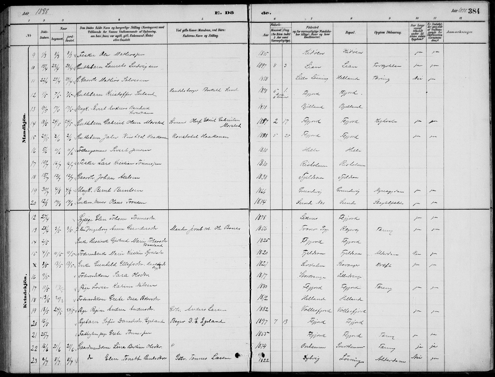 Flekkefjord sokneprestkontor, AV/SAK-1111-0012/F/Fb/Fbc/L0007: Klokkerbok nr. B 7, 1880-1902, s. 384