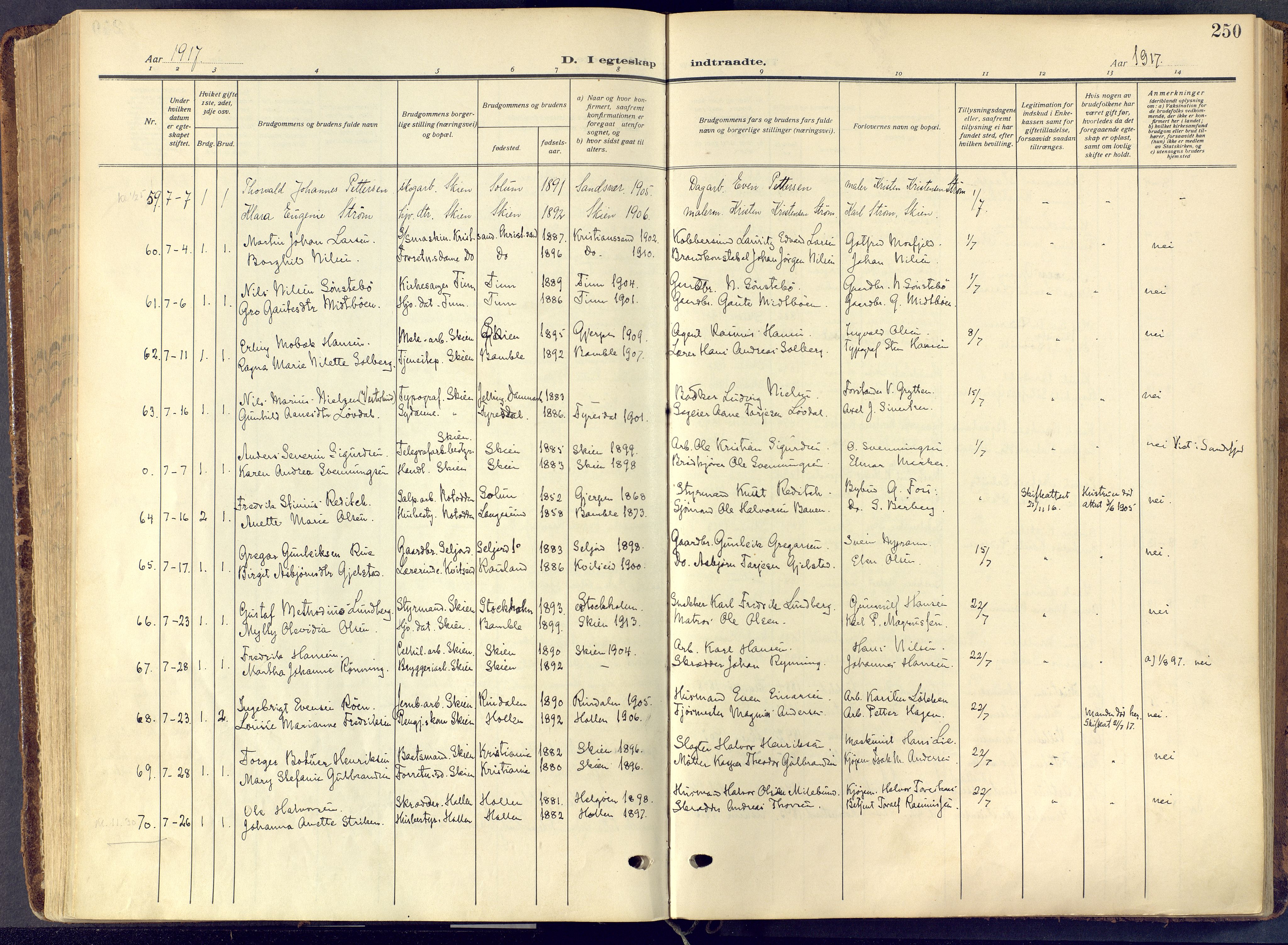 Skien kirkebøker, AV/SAKO-A-302/F/Fa/L0013: Ministerialbok nr. 13, 1915-1921, s. 250