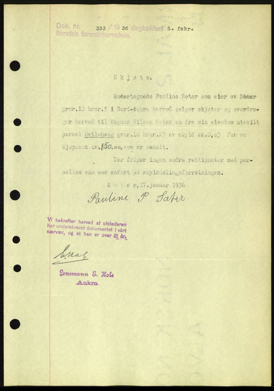 Romsdal sorenskriveri, SAT/A-4149/1/2/2C: Pantebok nr. A1, 1936-1936, Dagboknr: 333/1936