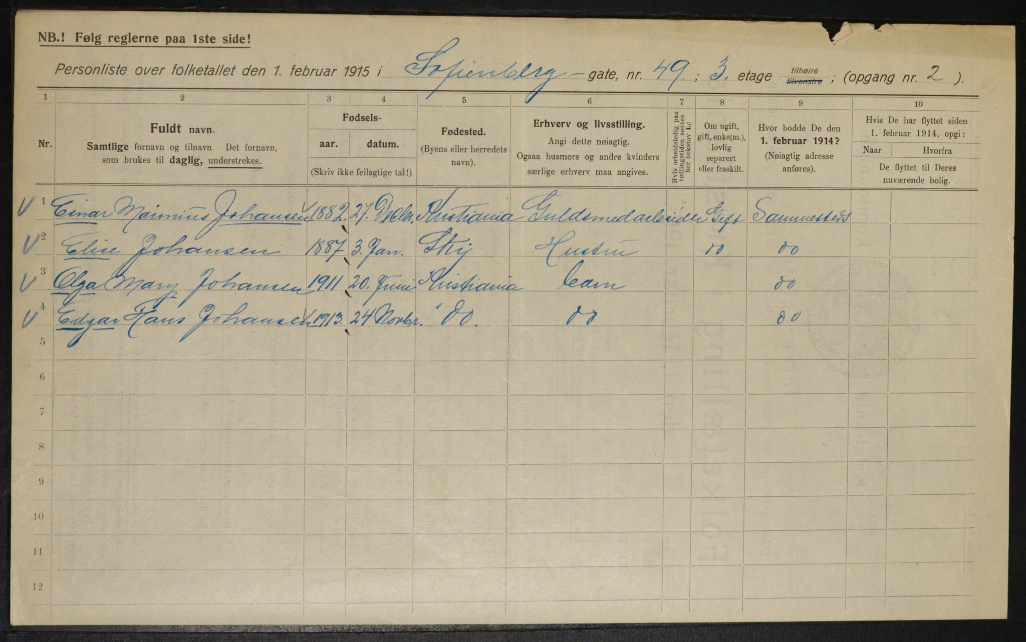 OBA, Kommunal folketelling 1.2.1915 for Kristiania, 1915, s. 98549