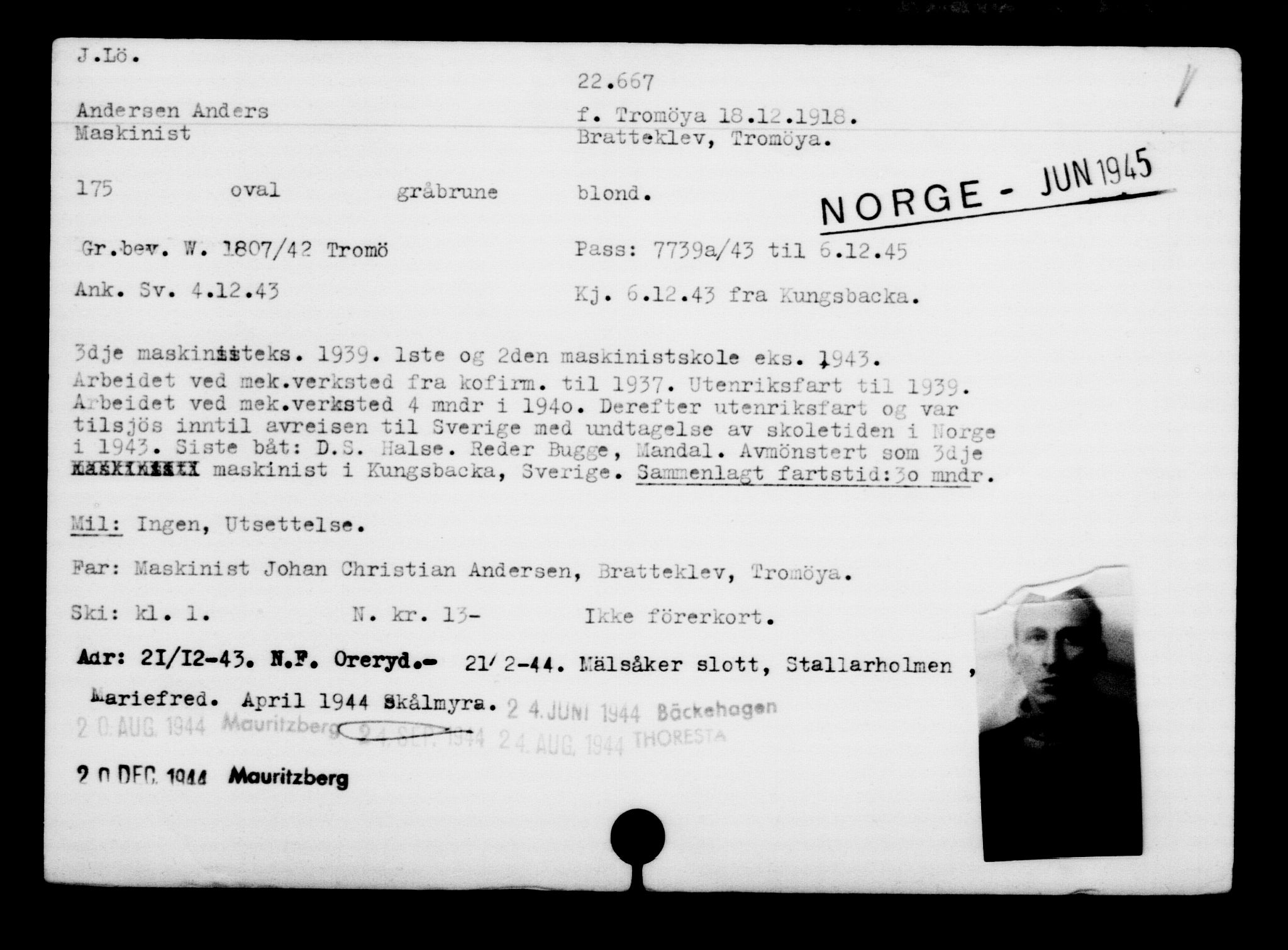 Utenriksstasjonene, Legasjonen i Stockholm, Flyktningkontoret, AV/RA-S-6753/V/Va/L0010: Kjesäterkartoteket, flyktninger med registreringsnr. 22000-25314, 1940-1945, s. 734