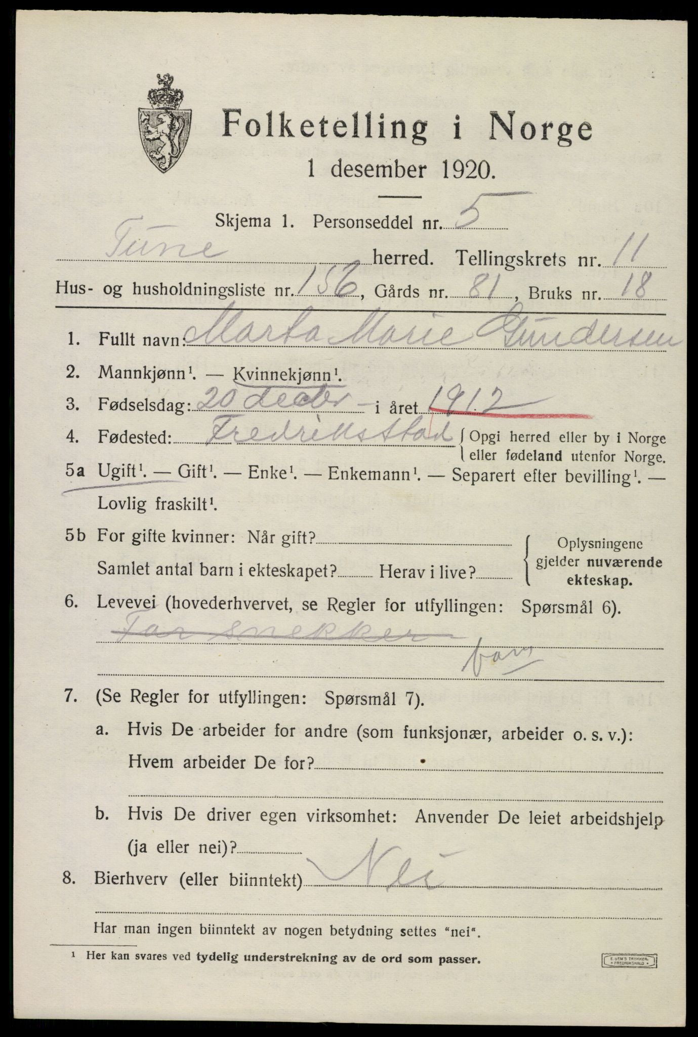 SAO, Folketelling 1920 for 0130 Tune herred, 1920, s. 15840