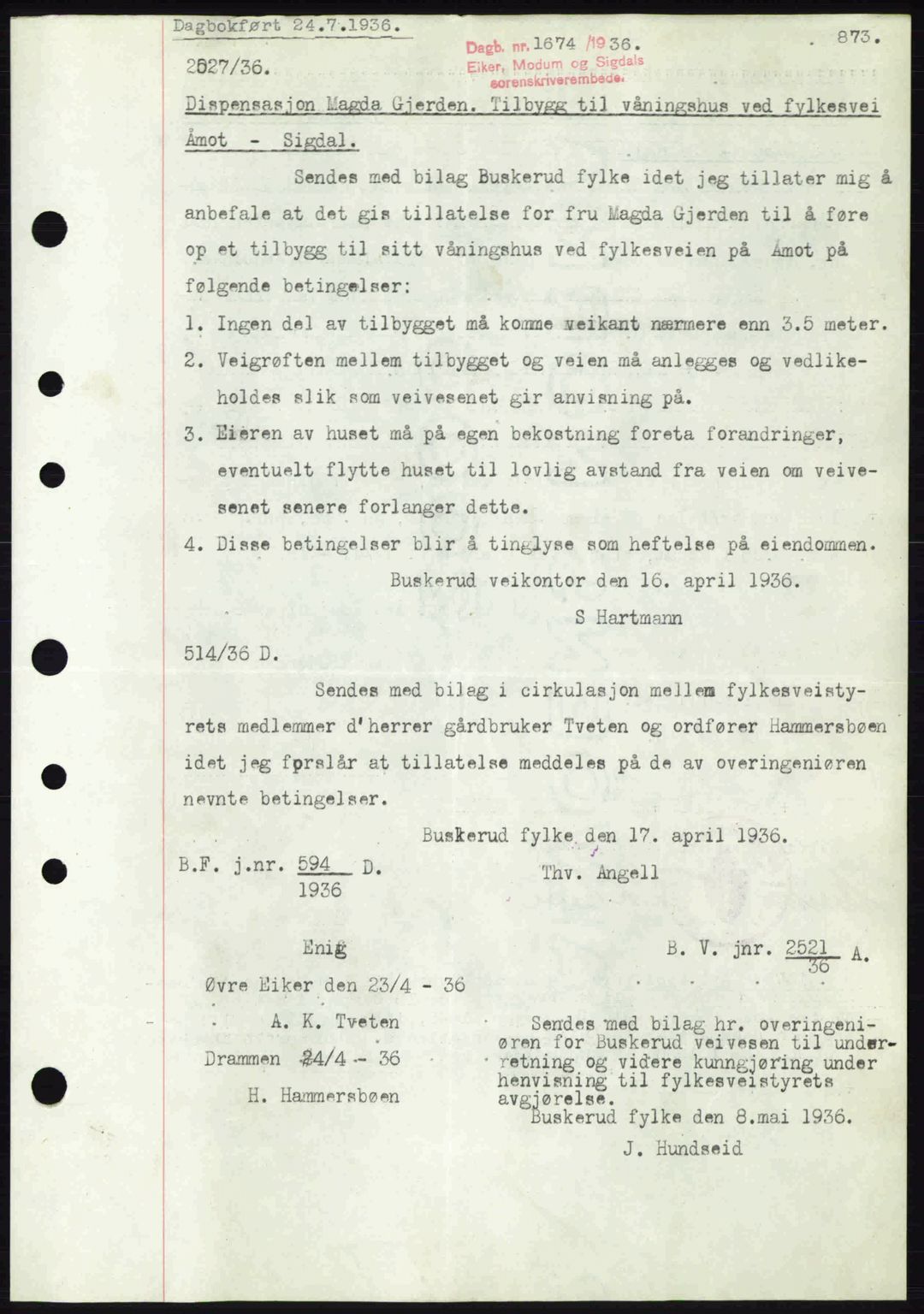 Eiker, Modum og Sigdal sorenskriveri, SAKO/A-123/G/Ga/Gab/L0032: Pantebok nr. A2, 1936-1936, Dagboknr: 1674/1936