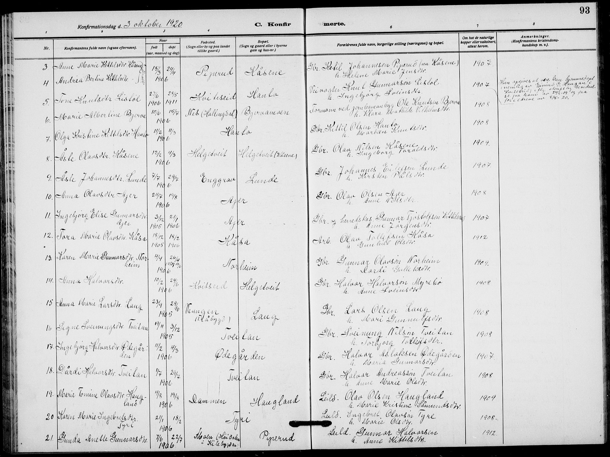 Lunde kirkebøker, AV/SAKO-A-282/F/Fa/L0005: Ministerialbok nr. I 5, 1914-1922, s. 93