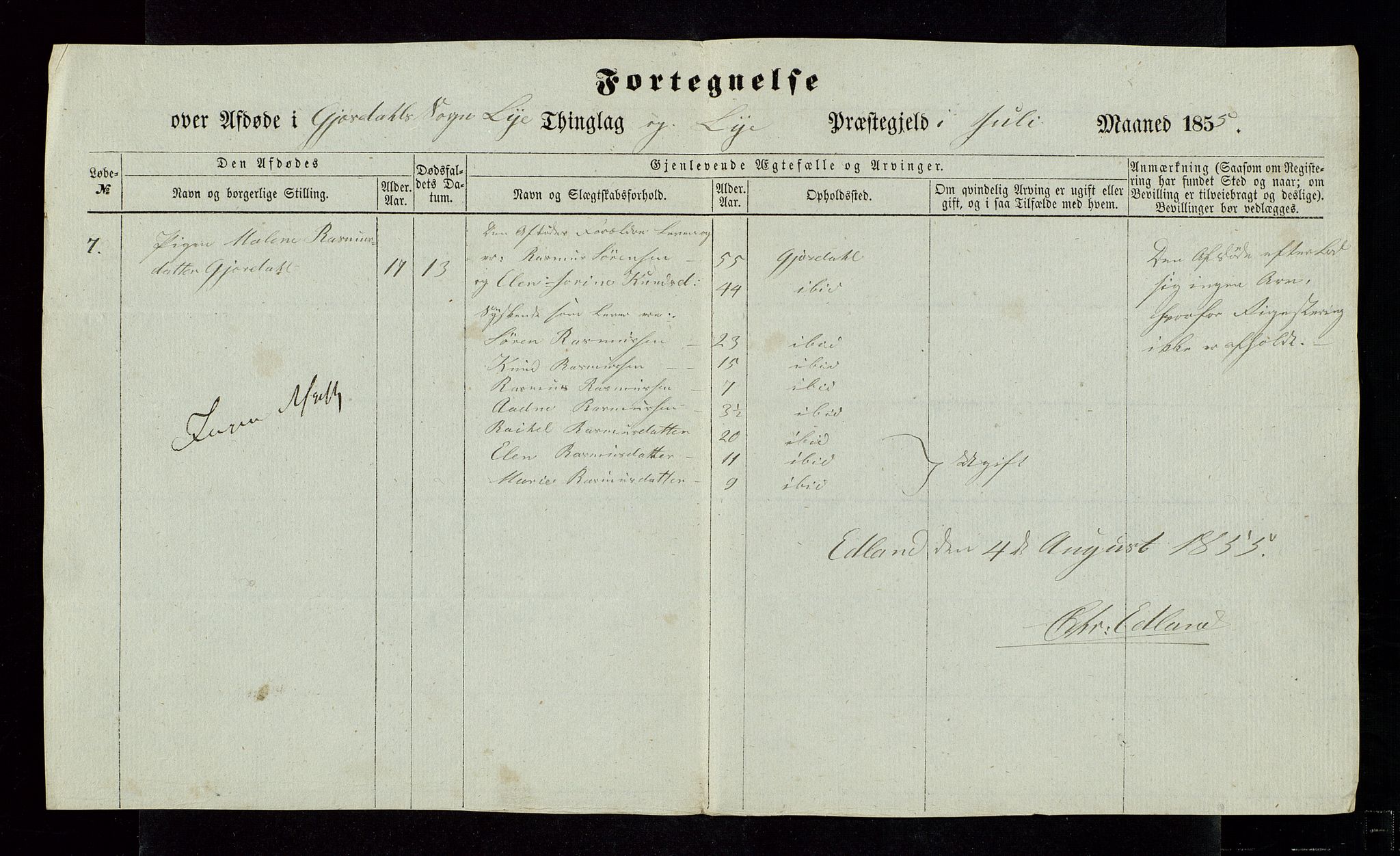 Jæren og Dalane sorenskriveri, AV/SAST-A-100306/5/52AC/L0001: DØDSFALL-LISTER JÆREN, 1851-1855, s. 37