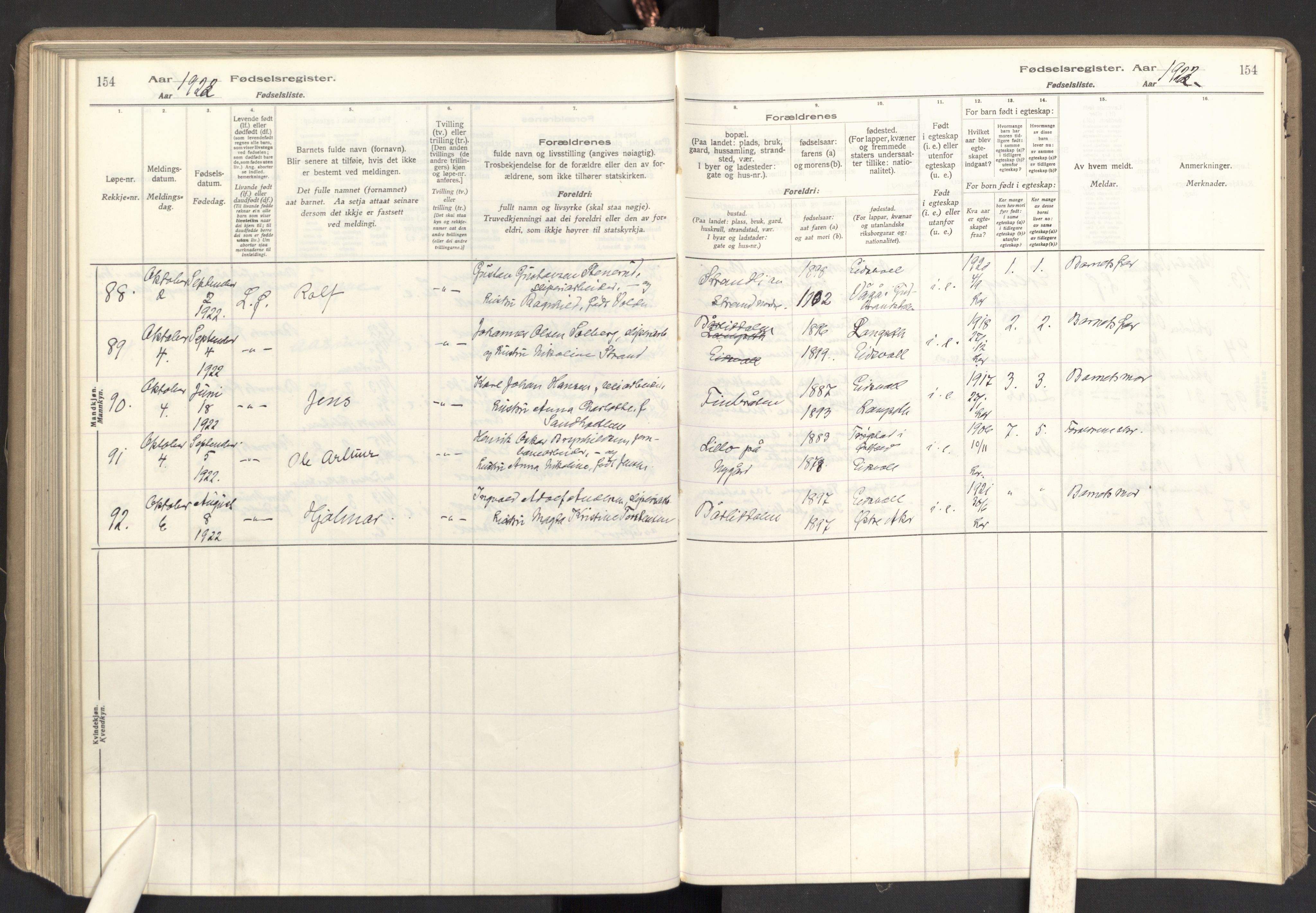 Eidsvoll prestekontor Kirkebøker, AV/SAO-A-10888/J/Ja/L0001: Fødselsregister nr. I 1, 1916-1924, s. 154