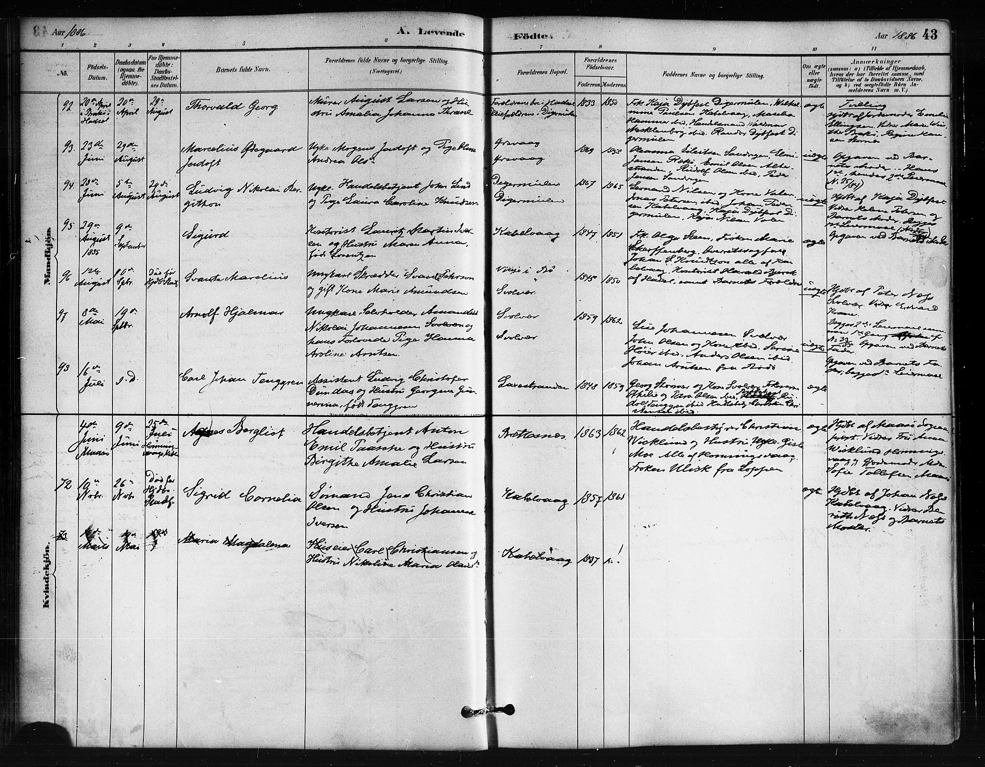 Ministerialprotokoller, klokkerbøker og fødselsregistre - Nordland, SAT/A-1459/874/L1059: Ministerialbok nr. 874A03, 1884-1890, s. 43