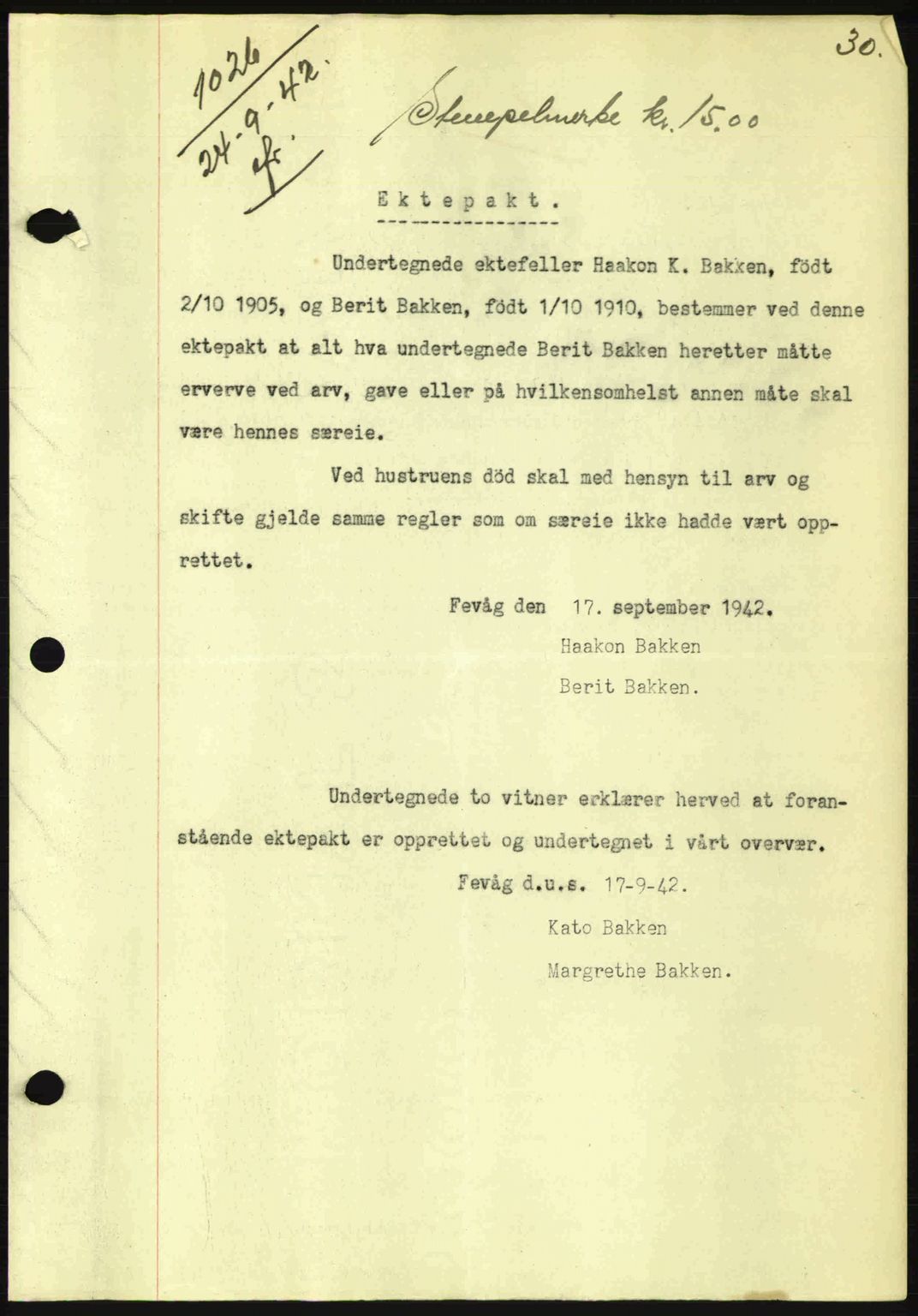 Fosen sorenskriveri, AV/SAT-A-1107/1/2/2C: Pantebok nr. A2, 1942-1943, Dagboknr: 1026/1942
