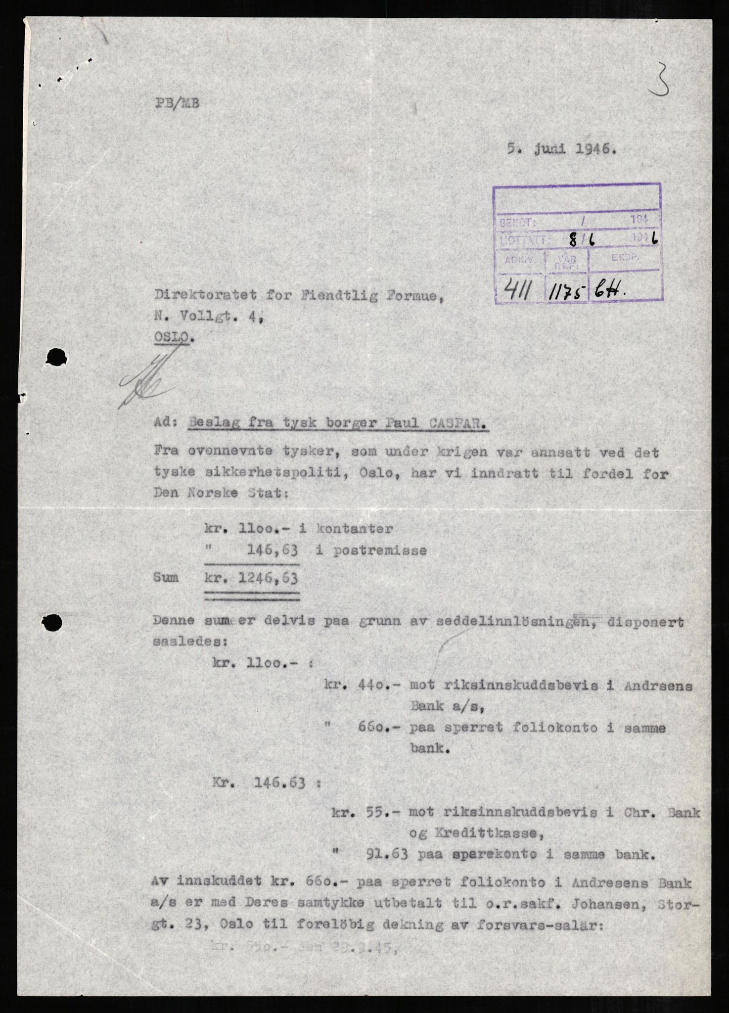 Forsvaret, Forsvarets overkommando II, AV/RA-RAFA-3915/D/Db/L0005: CI Questionaires. Tyske okkupasjonsstyrker i Norge. Tyskere., 1945-1946, s. 224