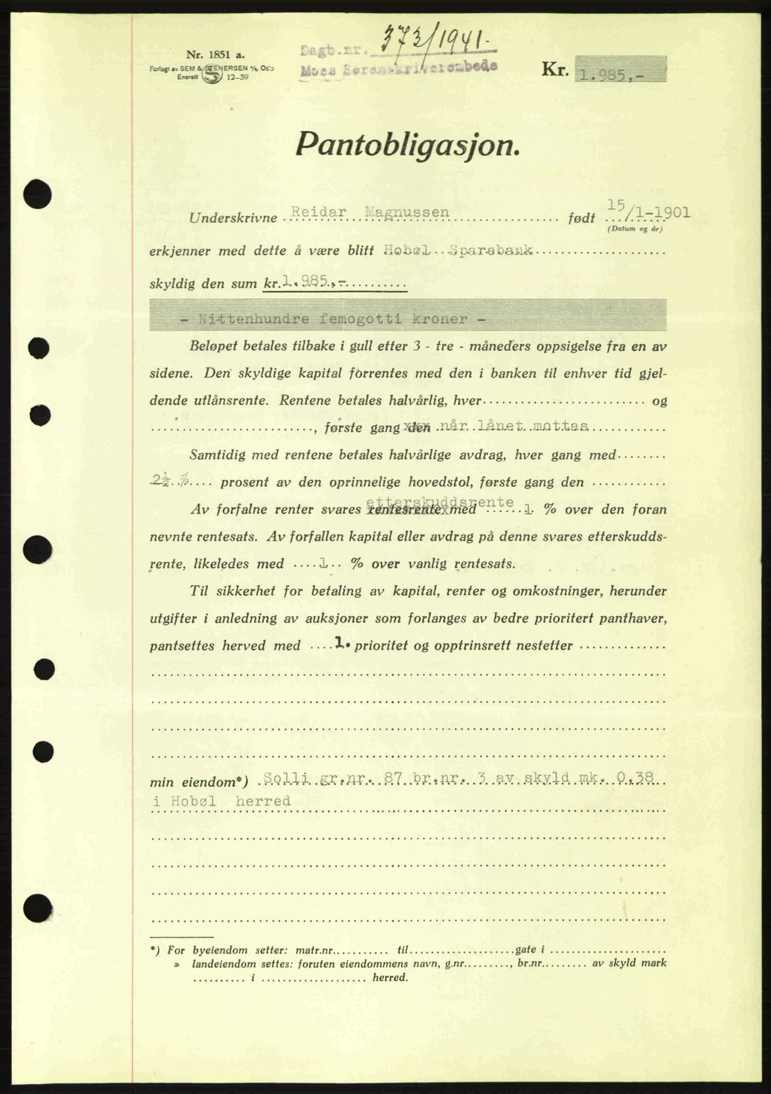 Moss sorenskriveri, SAO/A-10168: Pantebok nr. B10, 1940-1941, Dagboknr: 373/1941