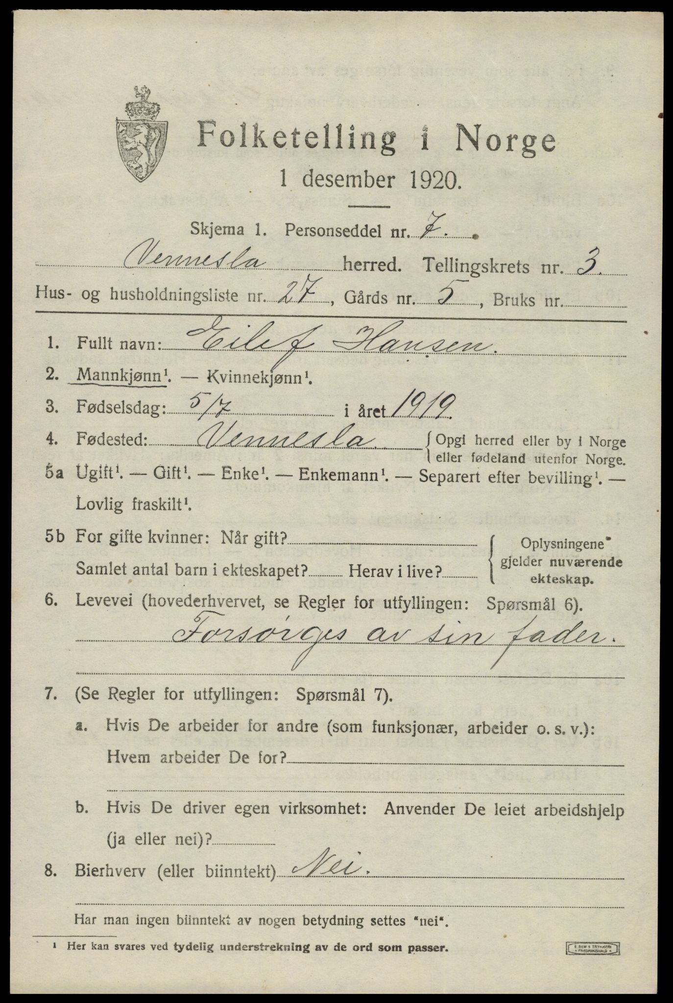 SAK, Folketelling 1920 for 1014 Vennesla herred, 1920, s. 2654