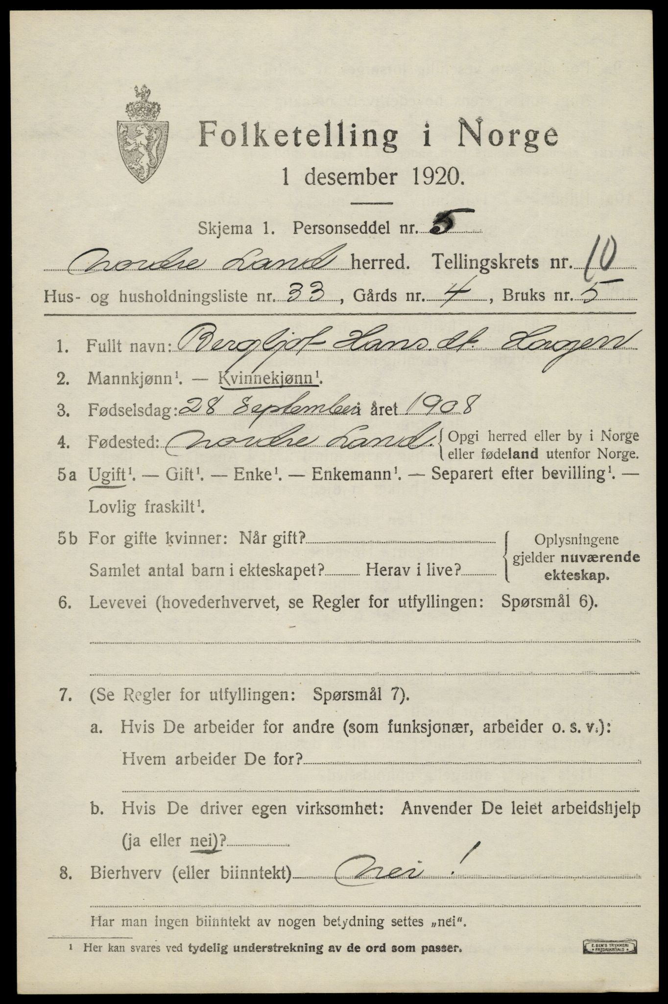 SAH, Folketelling 1920 for 0538 Nordre Land herred, 1920, s. 5576