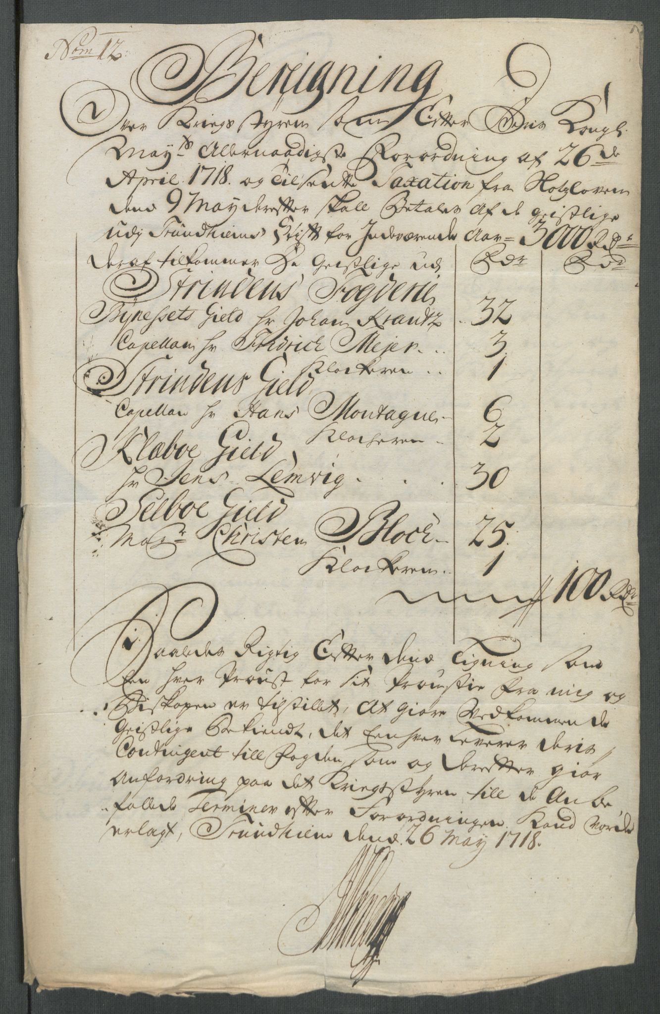 Rentekammeret inntil 1814, Reviderte regnskaper, Fogderegnskap, AV/RA-EA-4092/R61/L4116: Fogderegnskap Strinda og Selbu, 1717-1718, s. 412