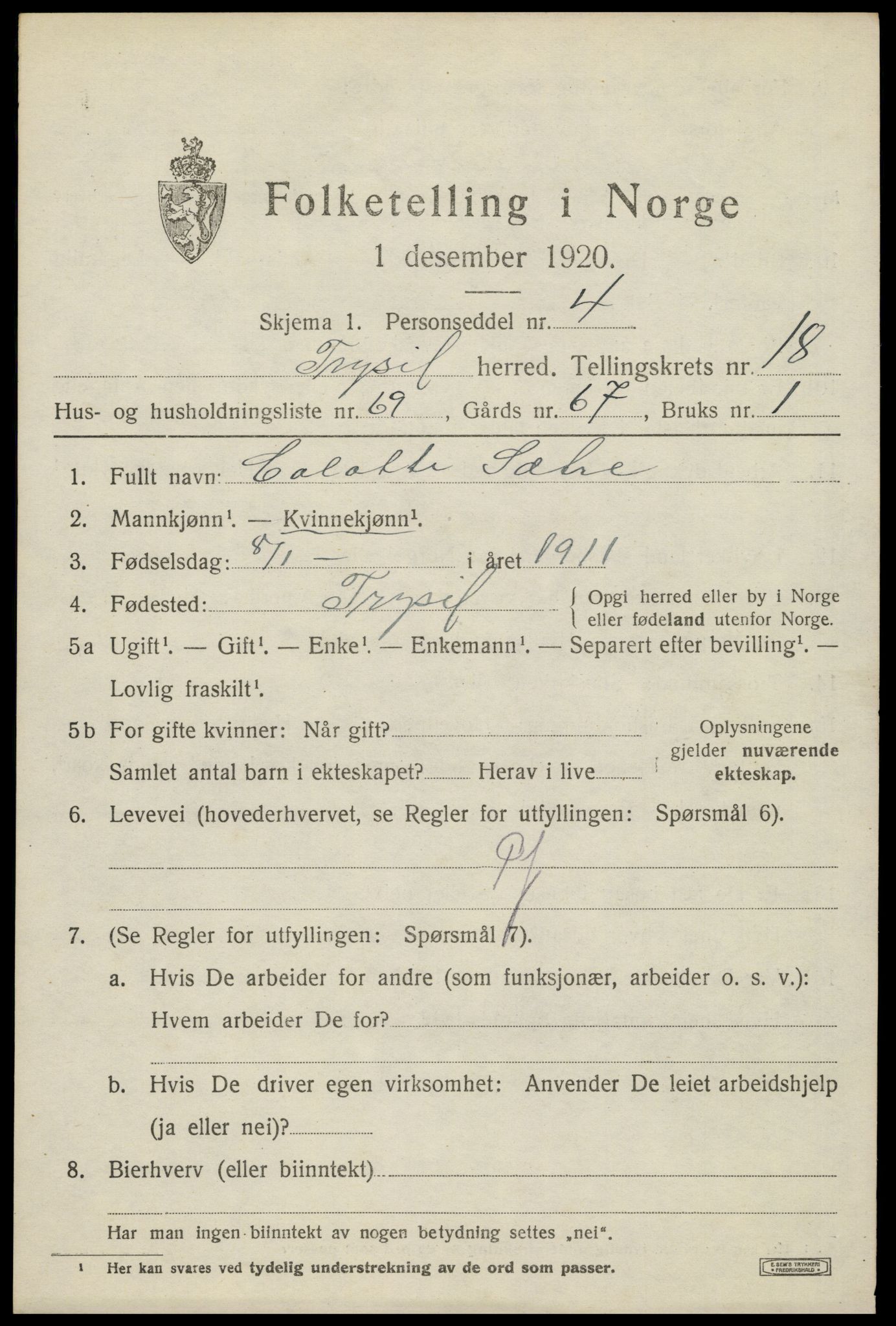 SAH, Folketelling 1920 for 0428 Trysil herred, 1920, s. 12595