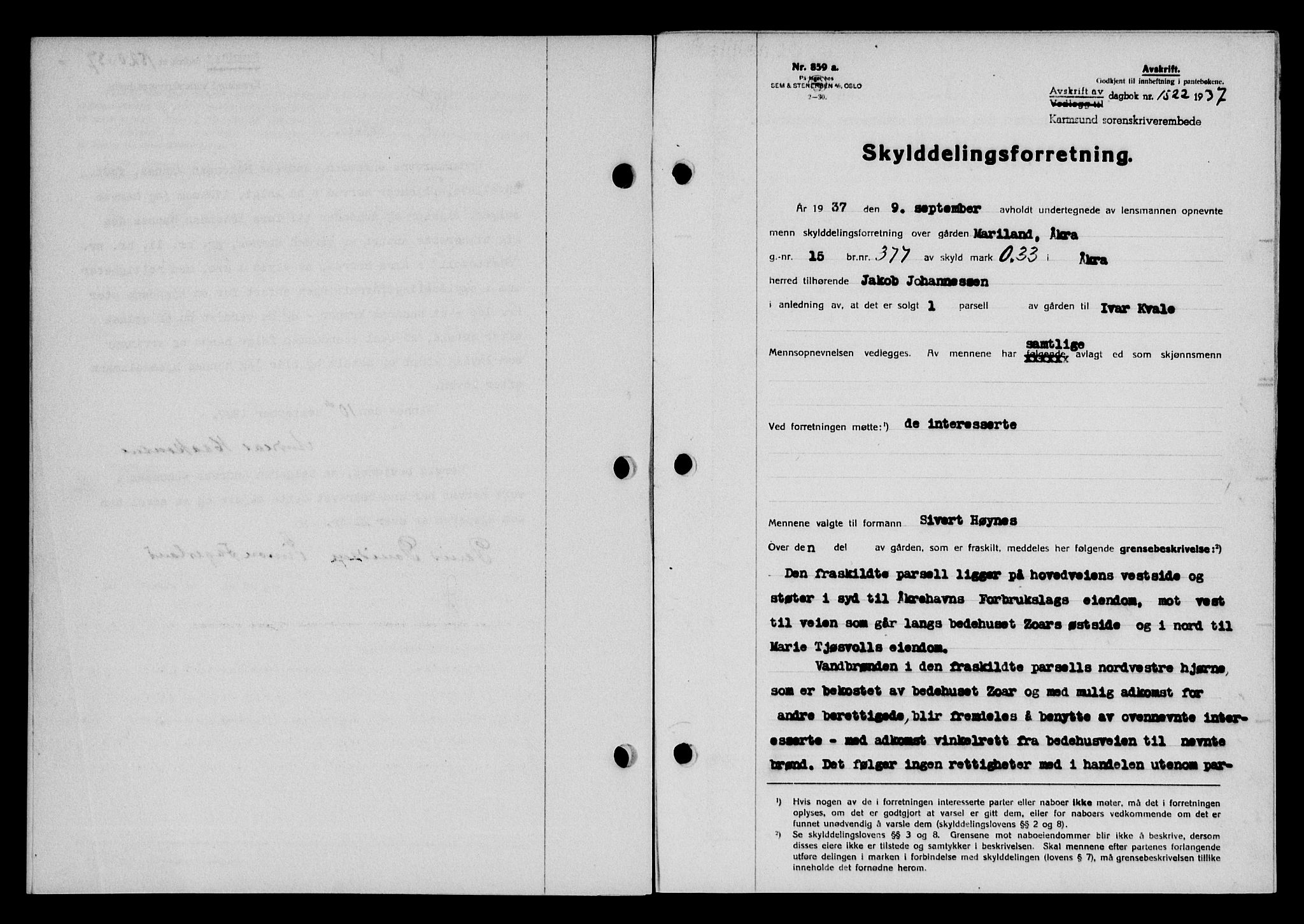 Karmsund sorenskriveri, SAST/A-100311/01/II/IIB/L0068: Pantebok nr. 49A, 1937-1937, Dagboknr: 1522/1937