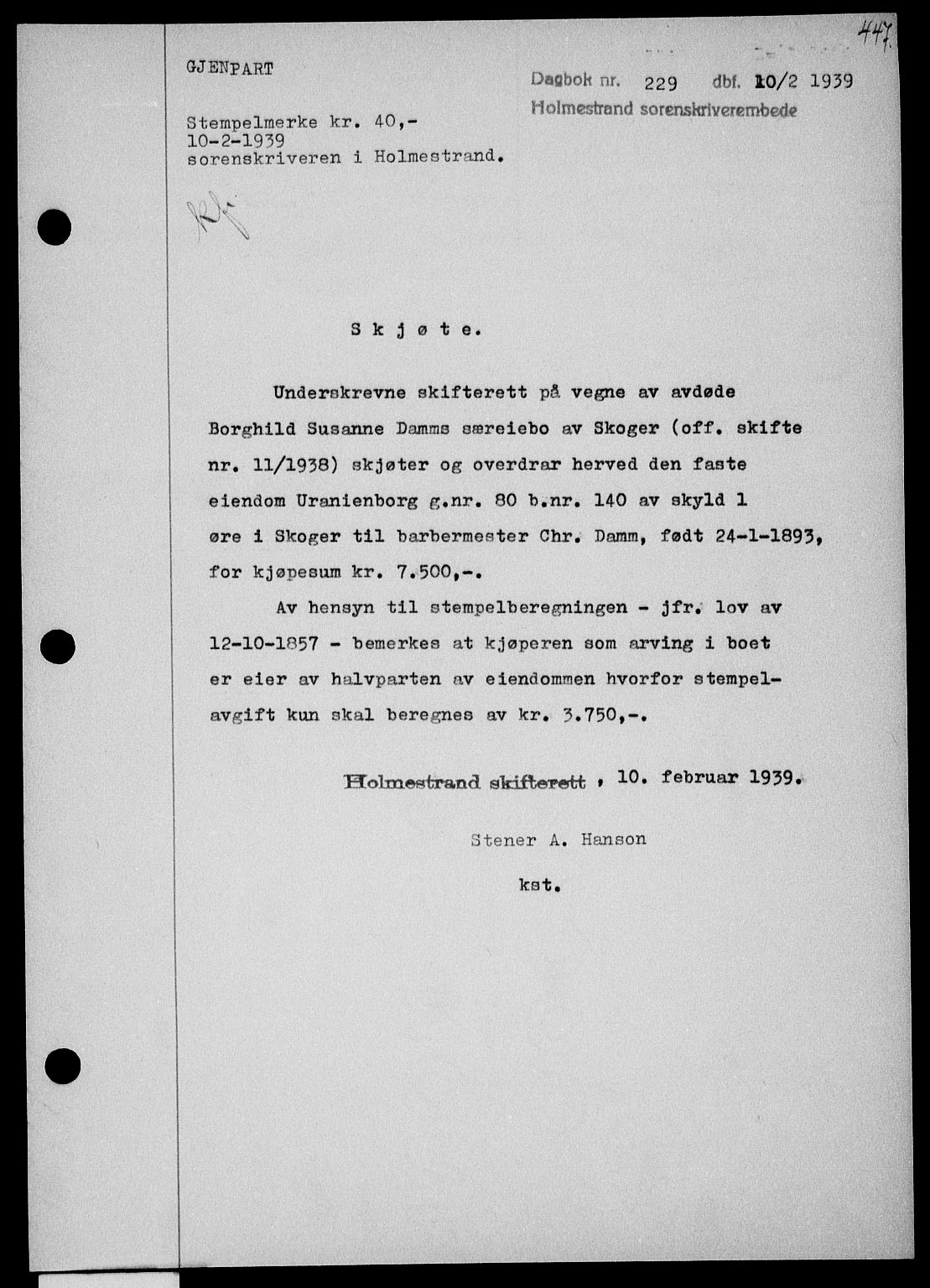 Holmestrand sorenskriveri, SAKO/A-67/G/Ga/Gaa/L0050: Pantebok nr. A-50, 1938-1939, Dagboknr: 229/1939