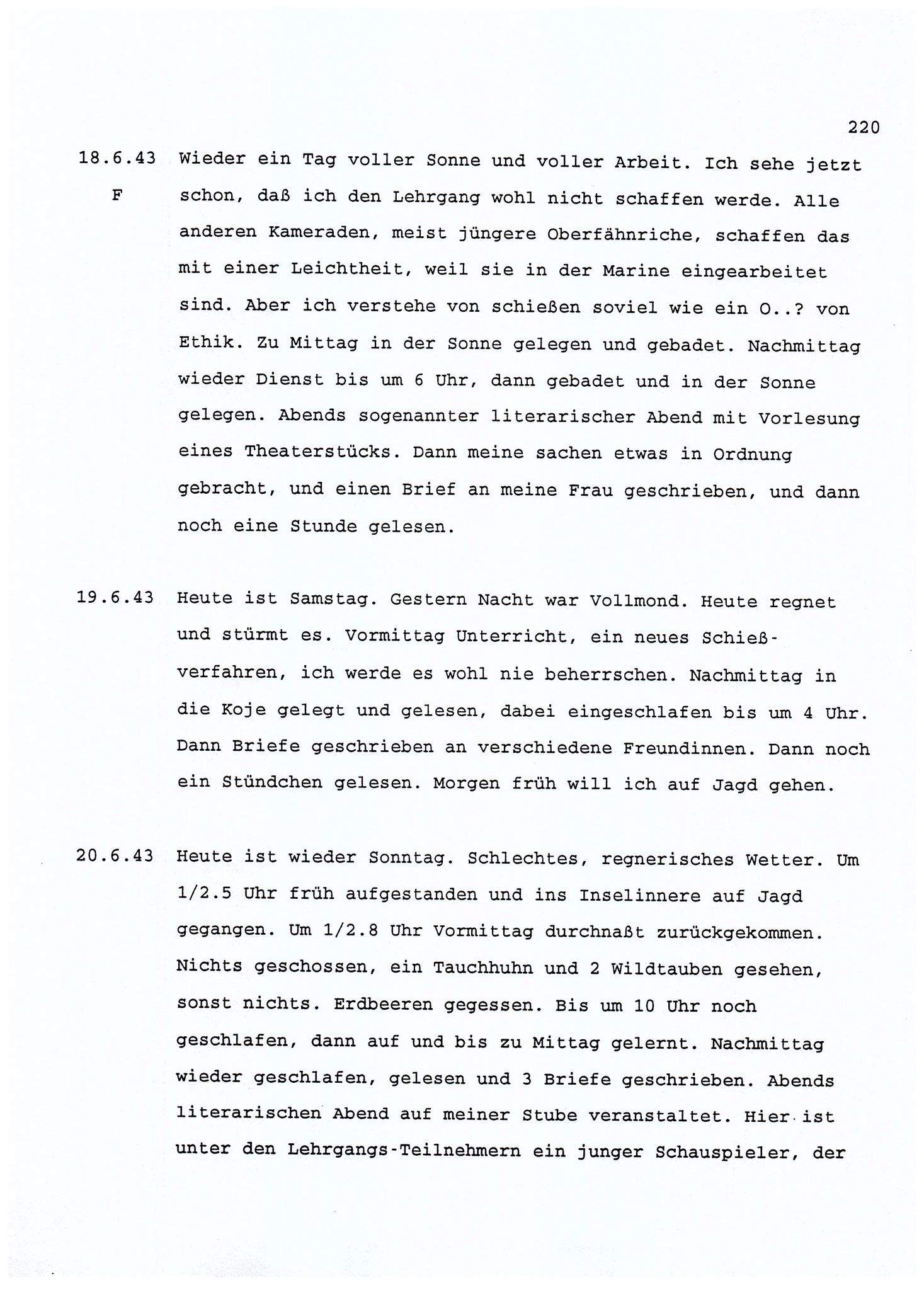Dagbokopptegnelser av en tysk marineoffiser stasjonert i Norge , FMFB/A-1160/F/L0001: Dagbokopptegnelser av en tysk marineoffiser stasjonert i Norge, 1941-1944, s. 220