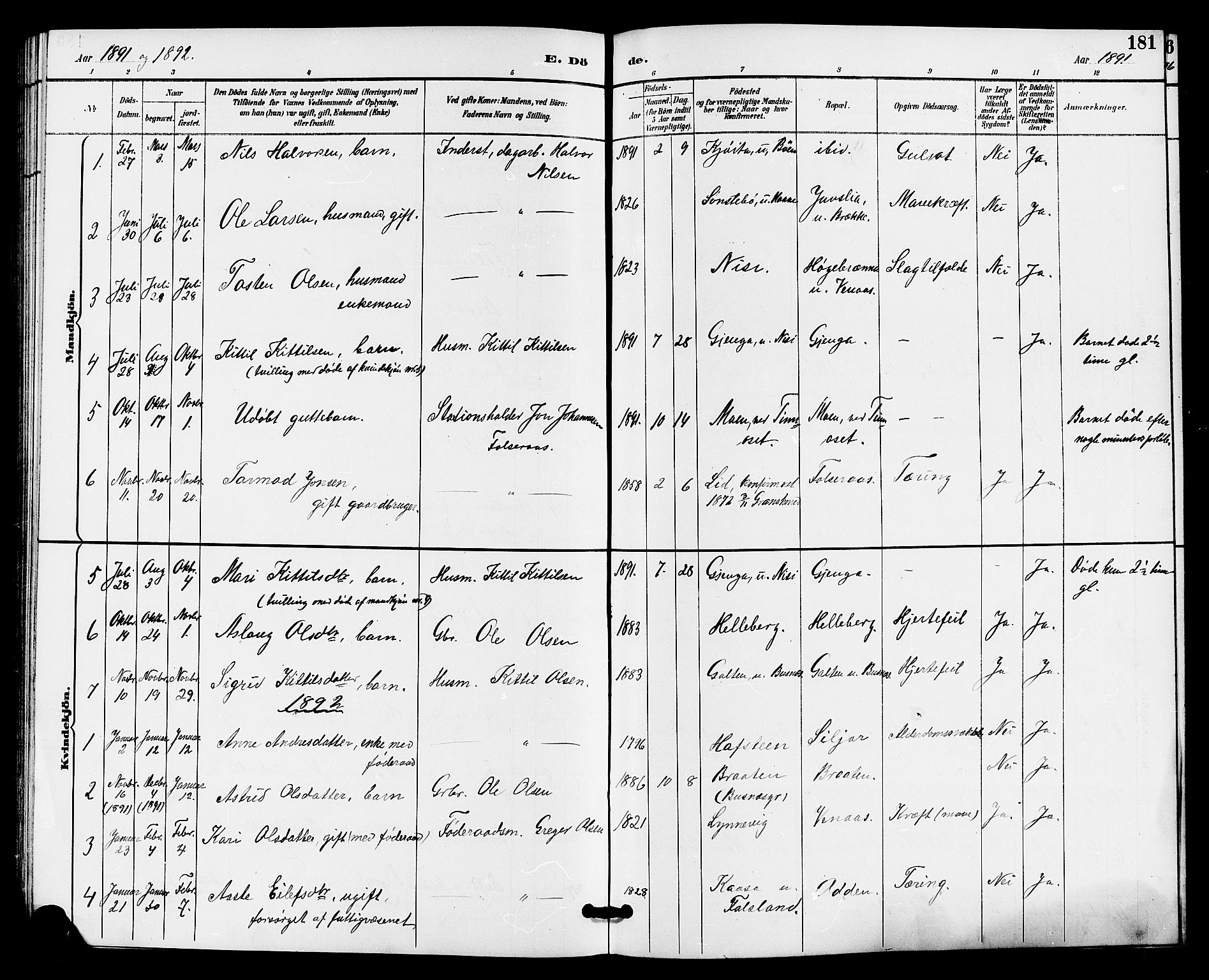 Gransherad kirkebøker, AV/SAKO-A-267/G/Ga/L0003: Klokkerbok nr. I 3, 1887-1915, s. 181