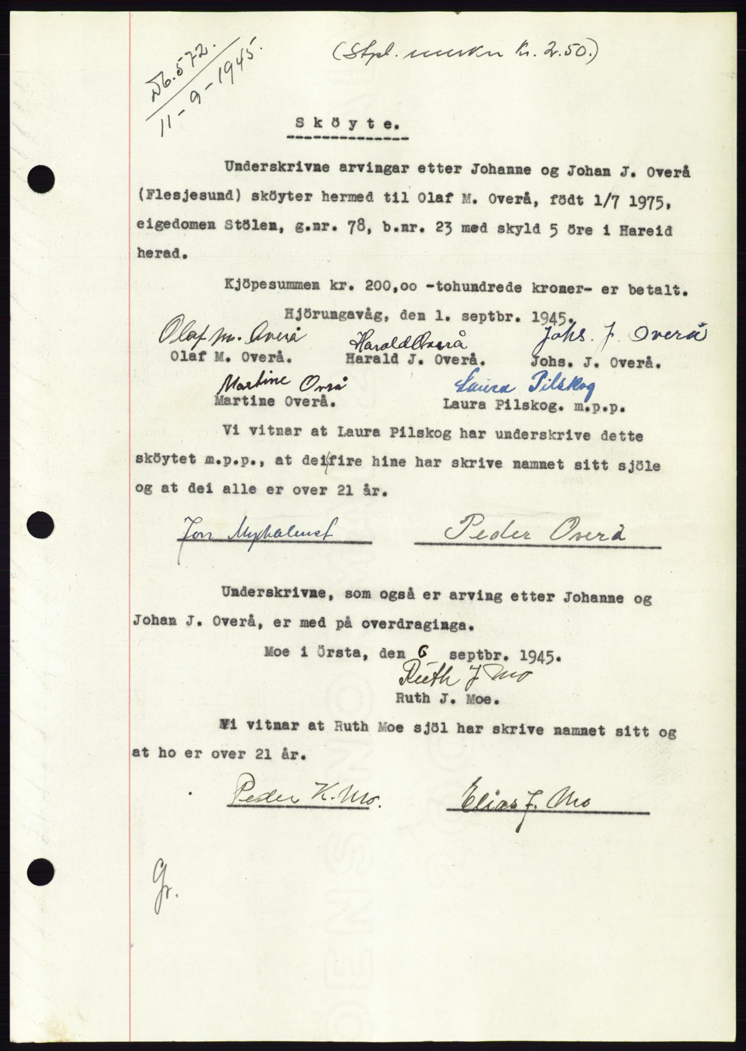 Søre Sunnmøre sorenskriveri, SAT/A-4122/1/2/2C/L0077: Pantebok nr. 3A, 1945-1946, Dagboknr: 572/1945