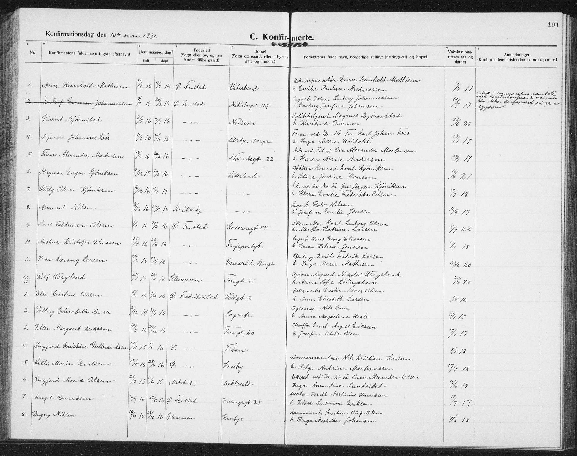 Østre Fredrikstad prestekontor Kirkebøker, AV/SAO-A-10907/G/Ga/L0003: Klokkerbok nr. 3, 1920-1940, s. 191