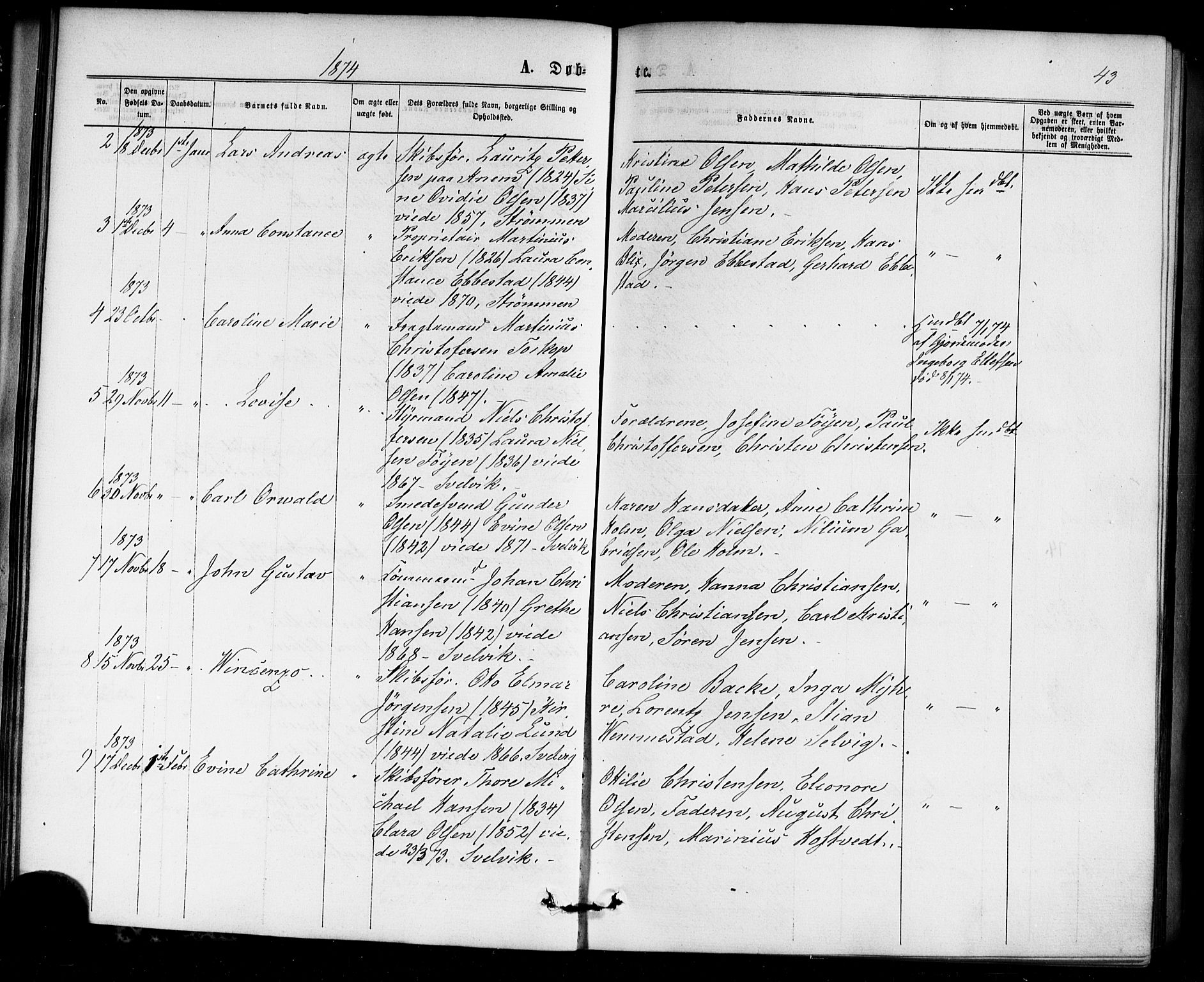 Strømm kirkebøker, AV/SAKO-A-322/F/Fa/L0002: Ministerialbok nr. I 2, 1870-1877, s. 43