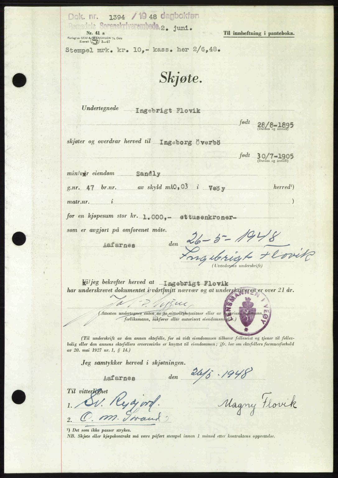 Romsdal sorenskriveri, SAT/A-4149/1/2/2C: Pantebok nr. A26, 1948-1948, Dagboknr: 1394/1948