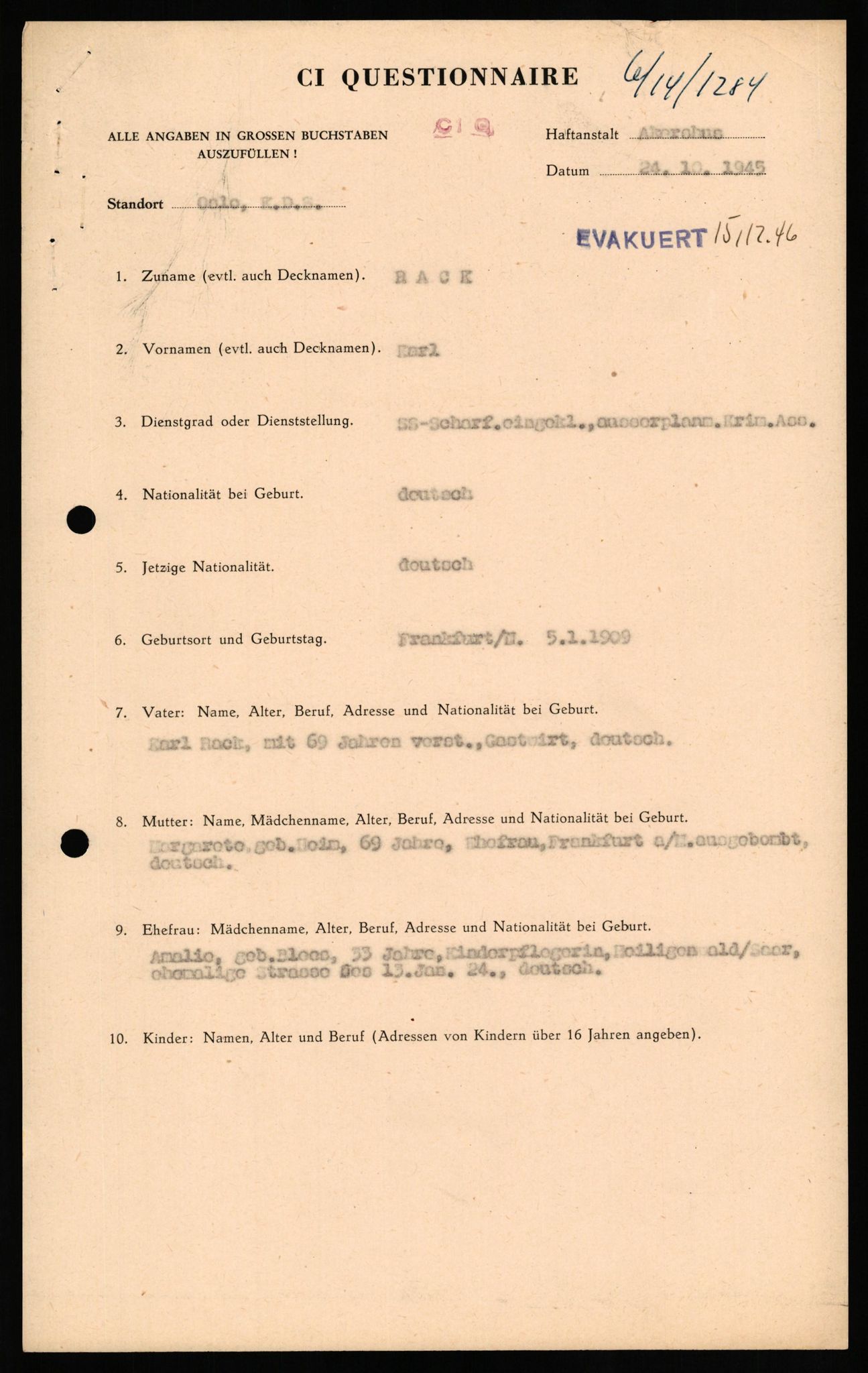 Forsvaret, Forsvarets overkommando II, AV/RA-RAFA-3915/D/Db/L0026: CI Questionaires. Tyske okkupasjonsstyrker i Norge. Tyskere., 1945-1946, s. 496