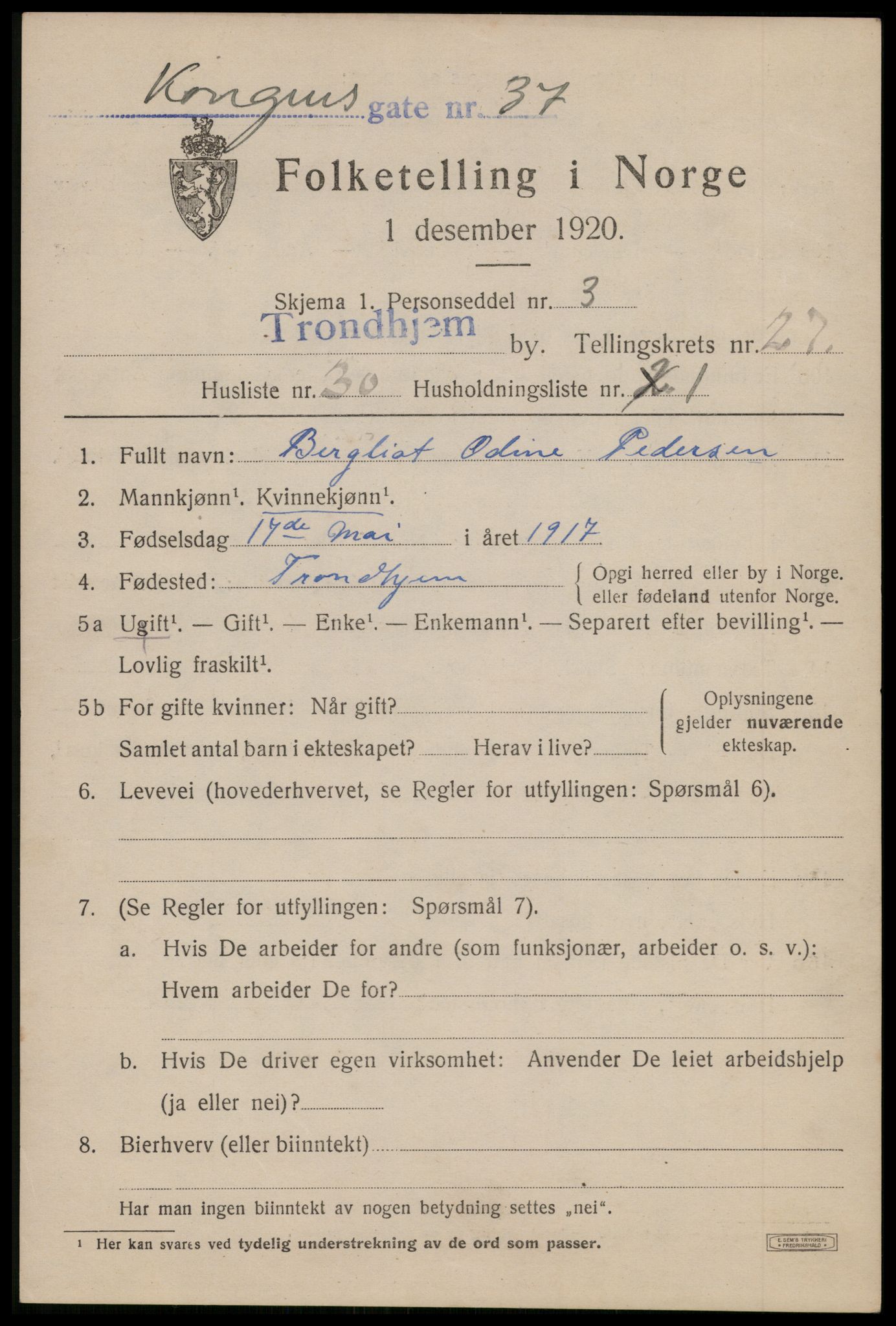 SAT, Folketelling 1920 for 1601 Trondheim kjøpstad, 1920, s. 69116