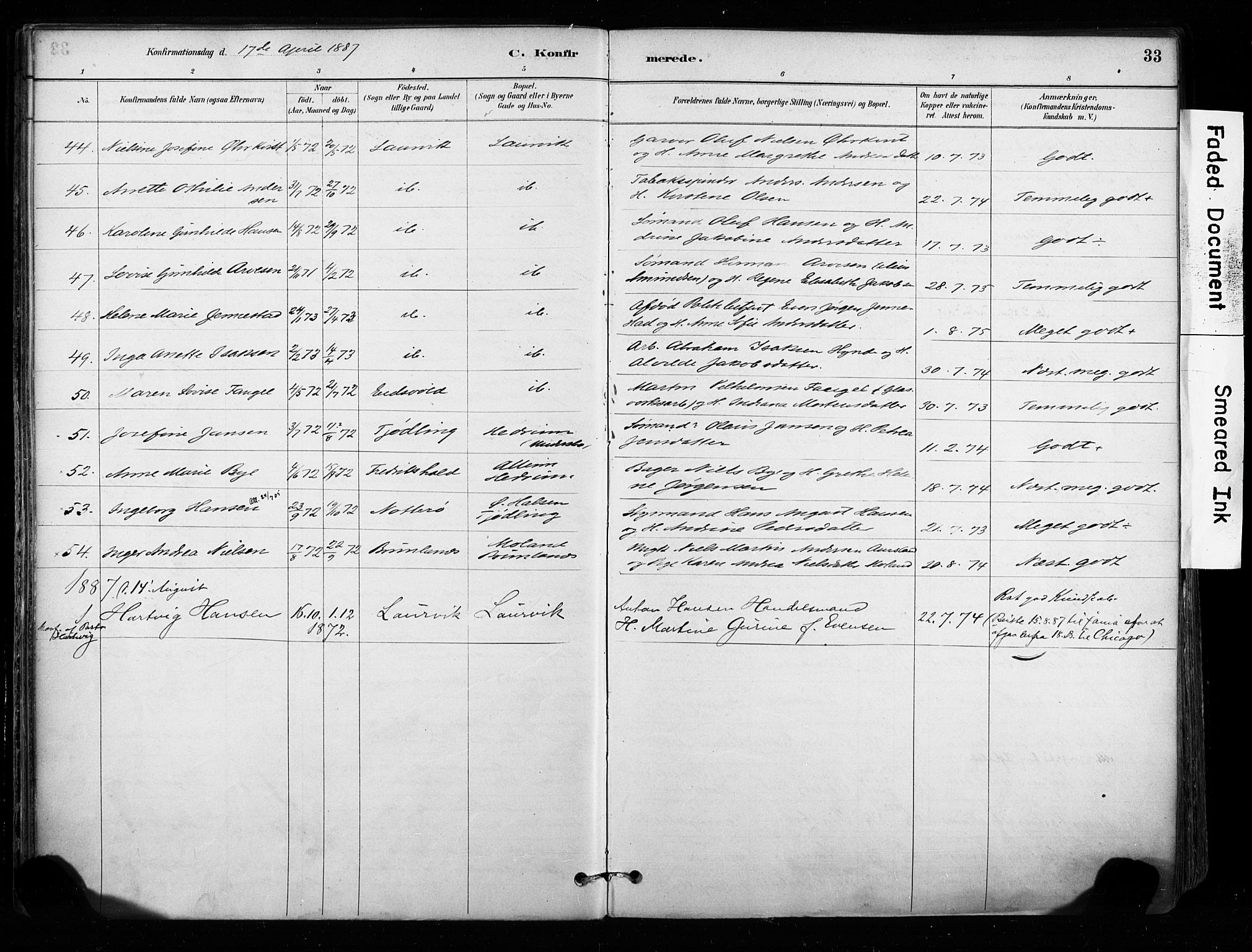 Larvik kirkebøker, AV/SAKO-A-352/F/Fa/L0008: Ministerialbok nr. I 8, 1884-1902, s. 33