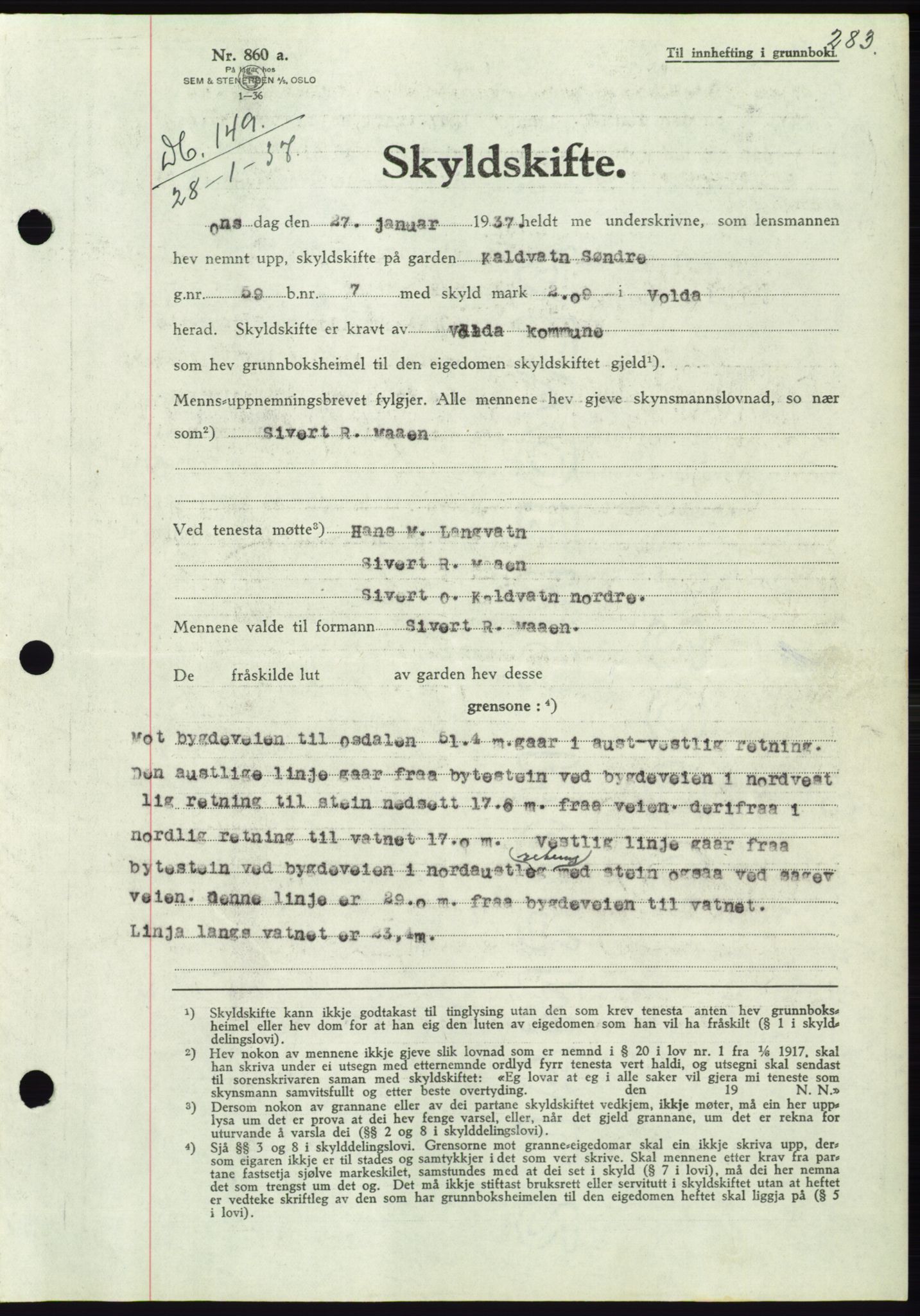 Søre Sunnmøre sorenskriveri, AV/SAT-A-4122/1/2/2C/L0062: Pantebok nr. 56, 1936-1937, Dagboknr: 149/1937