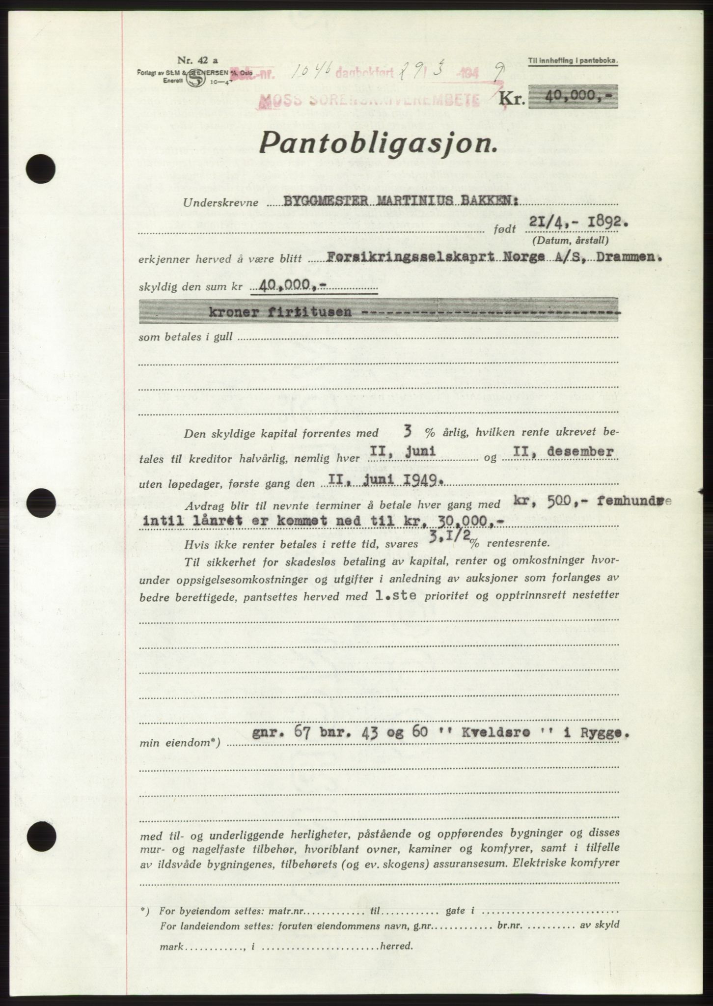 Moss sorenskriveri, SAO/A-10168: Pantebok nr. B21, 1949-1949, Dagboknr: 1046/1949