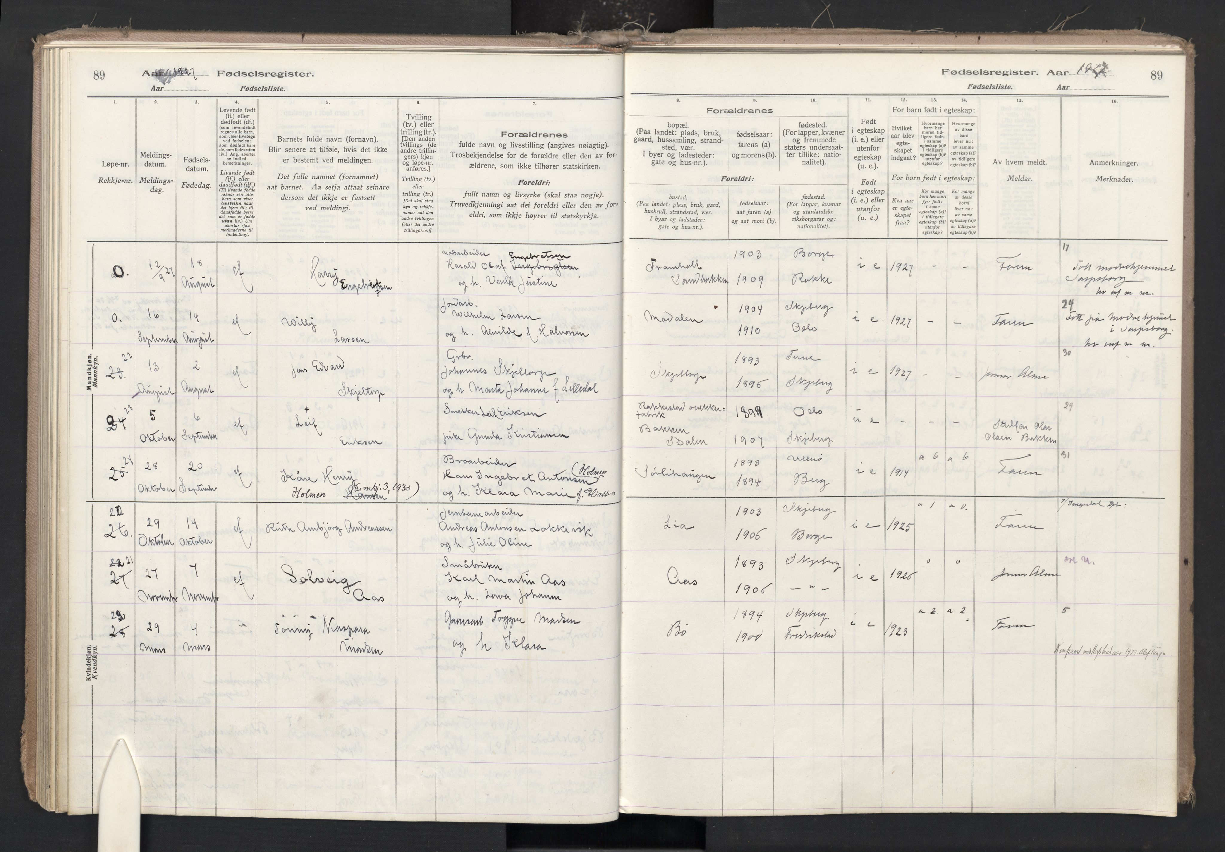 Skjeberg prestekontor Kirkebøker, AV/SAO-A-10923/J/Ja/L0001: Fødselsregister nr. I 1, 1916-1945, s. 89