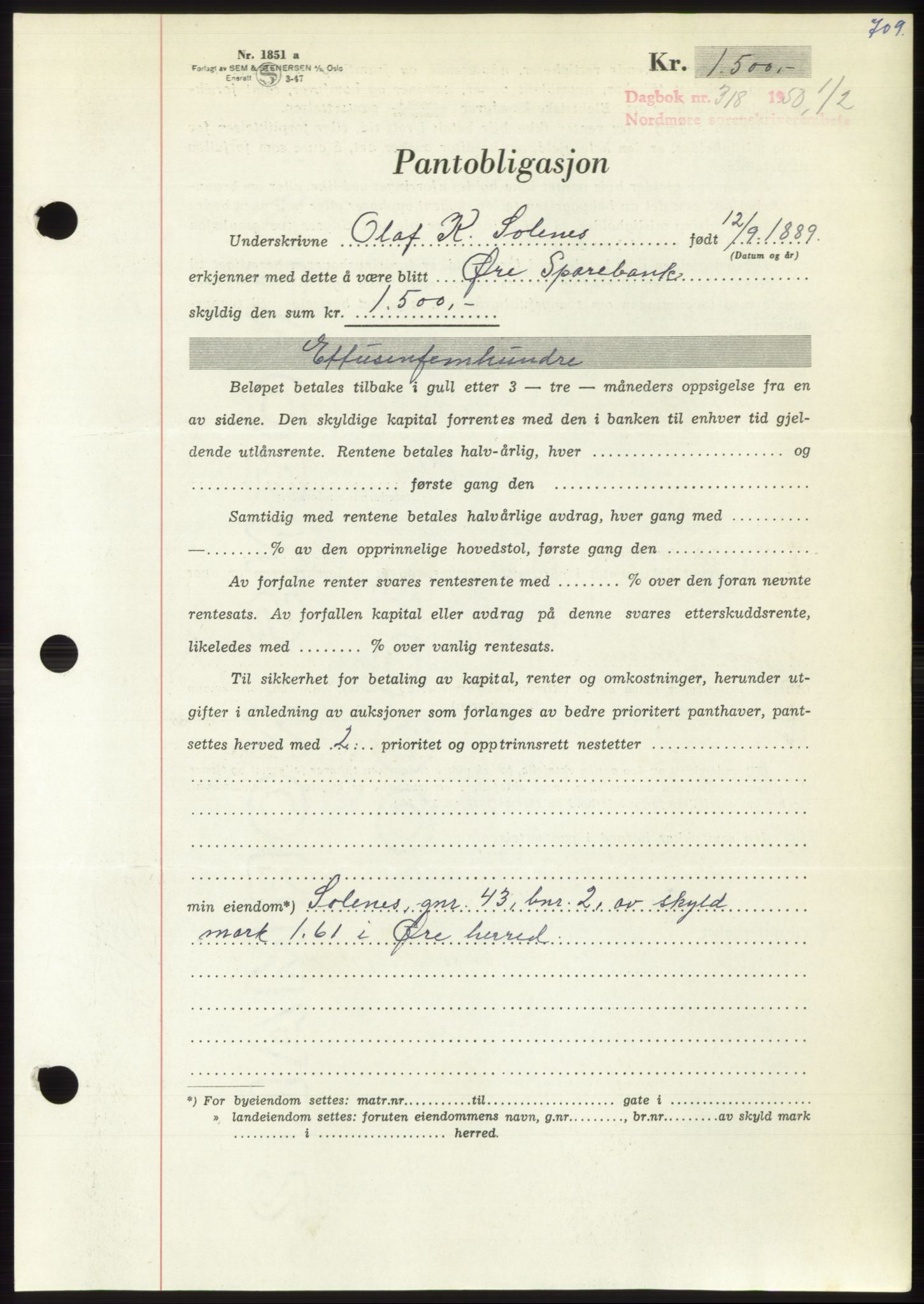 Nordmøre sorenskriveri, AV/SAT-A-4132/1/2/2Ca: Pantebok nr. B103, 1949-1950, Dagboknr: 318/1950