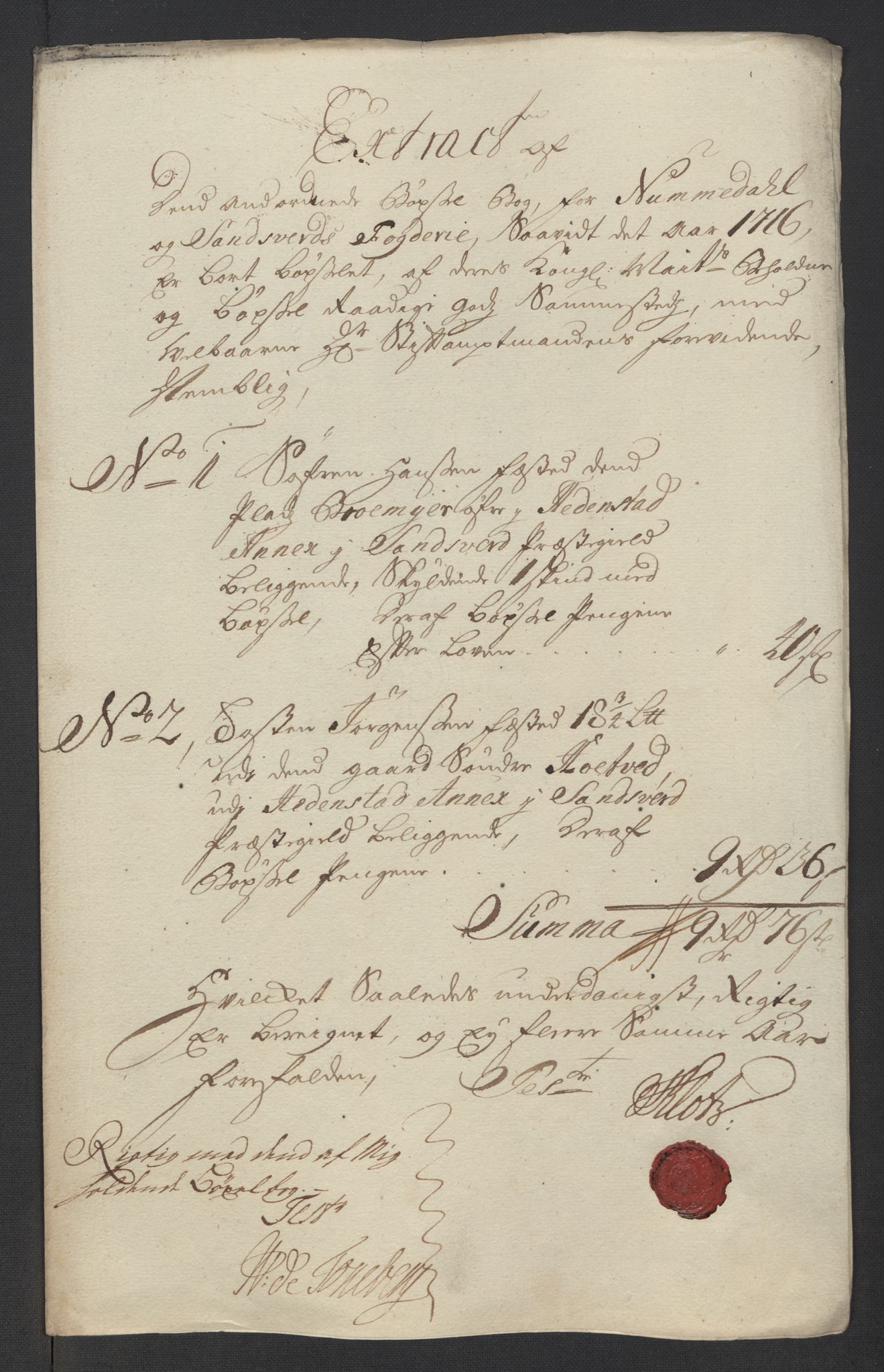 Rentekammeret inntil 1814, Reviderte regnskaper, Fogderegnskap, RA/EA-4092/R24/L1592: Fogderegnskap Numedal og Sandsvær, 1716, s. 265