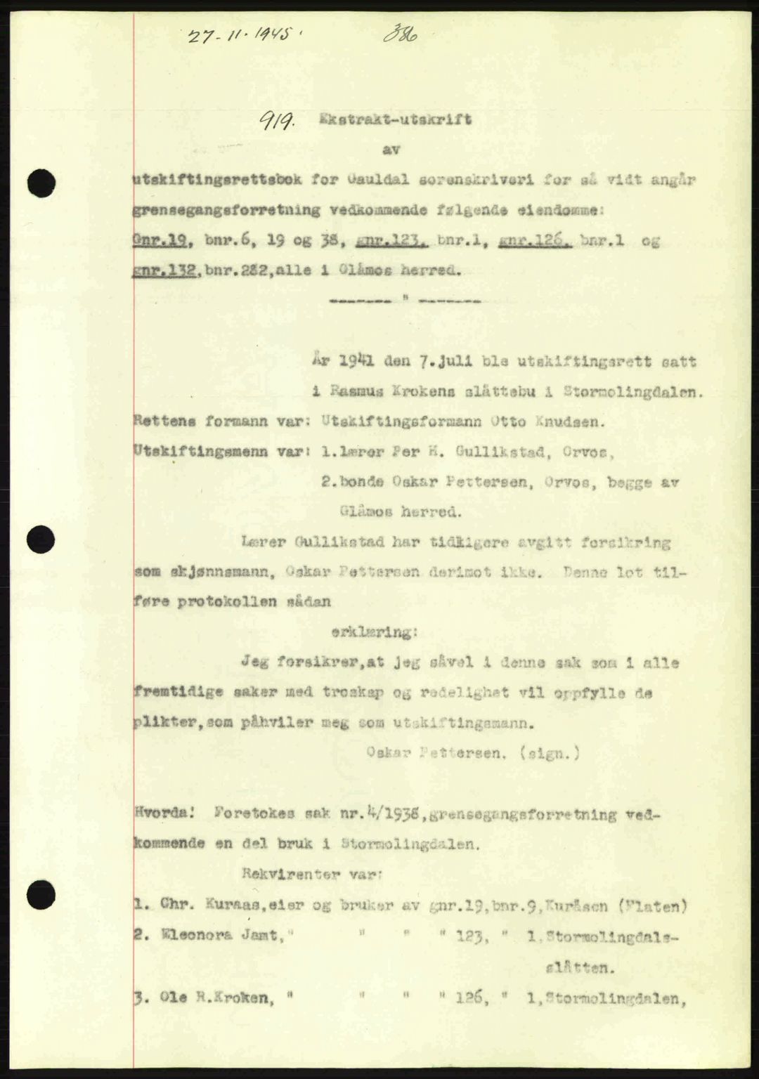 Gauldal sorenskriveri, SAT/A-0014/1/2/2C: Pantebok nr. A1a, 1945-1945, Dagboknr: 919/1945