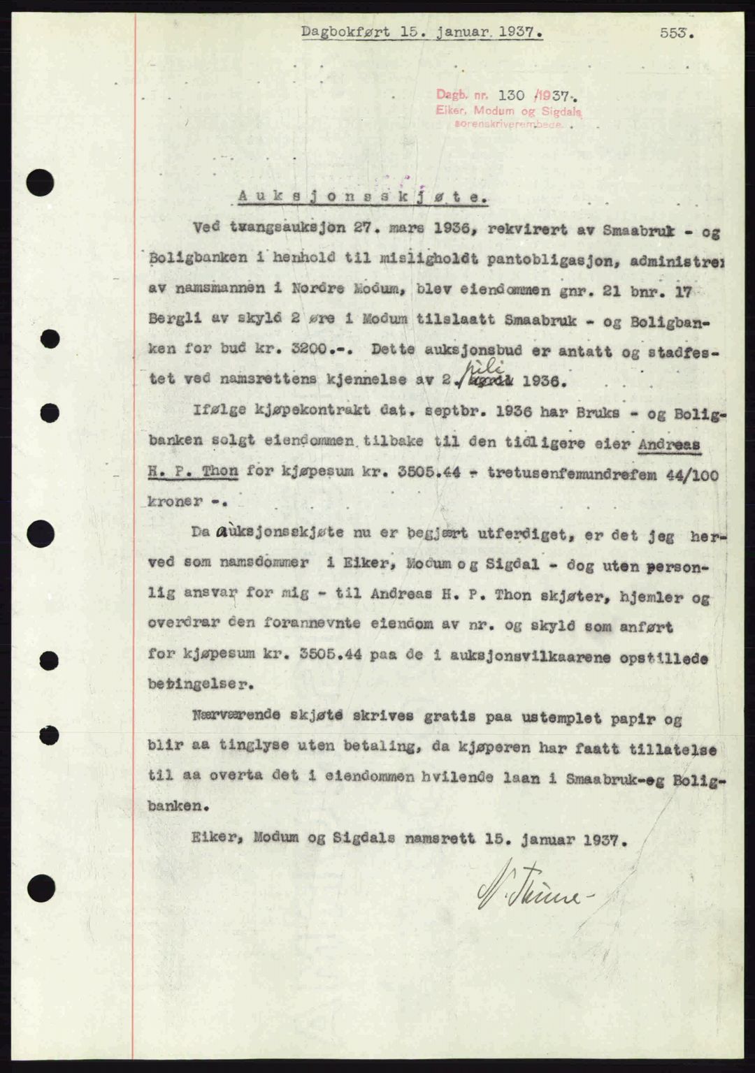 Eiker, Modum og Sigdal sorenskriveri, SAKO/A-123/G/Ga/Gab/L0034: Pantebok nr. A4, 1936-1937, Dagboknr: 130/1937