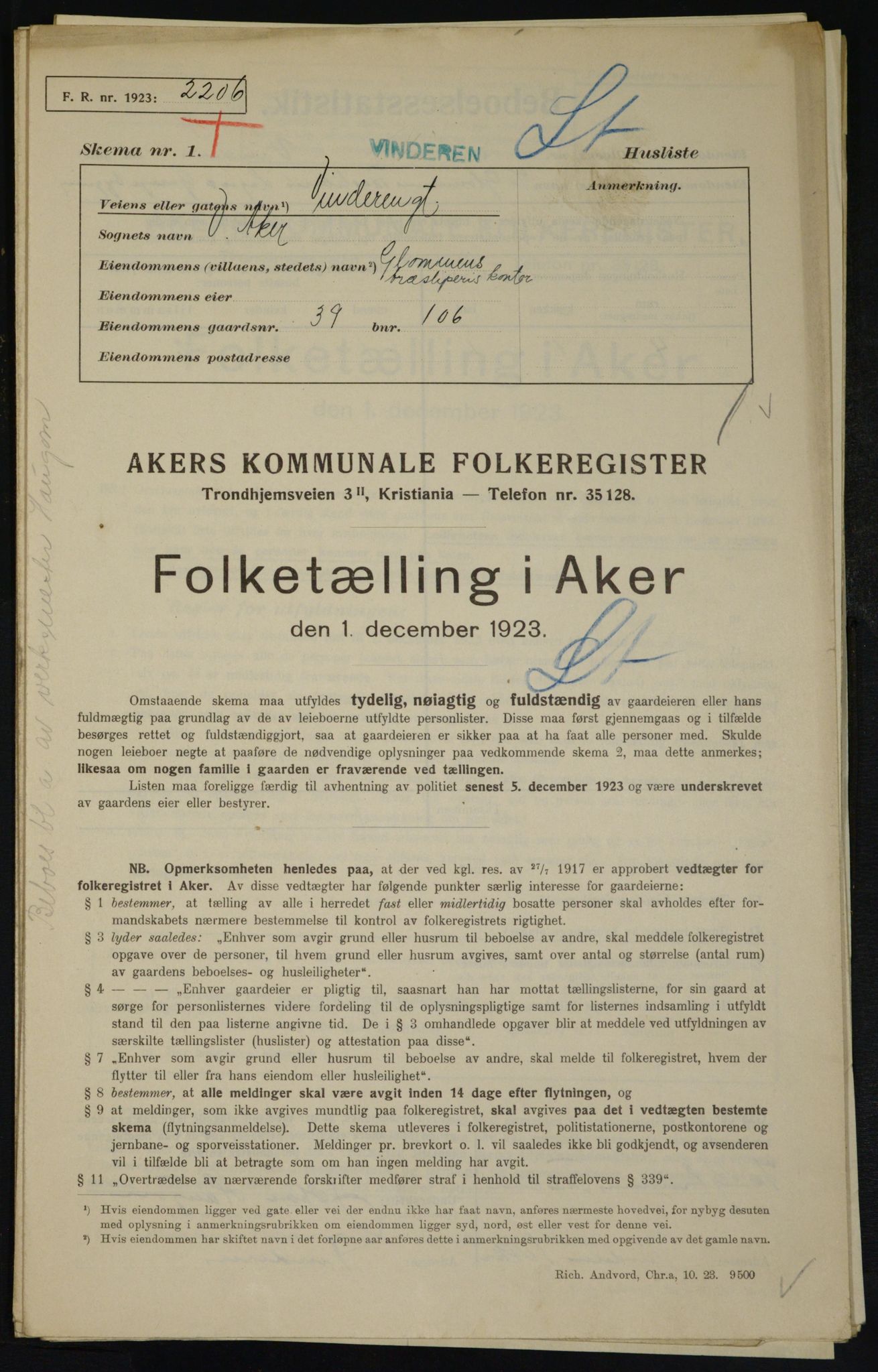 , Kommunal folketelling 1.12.1923 for Aker, 1923, s. 22179