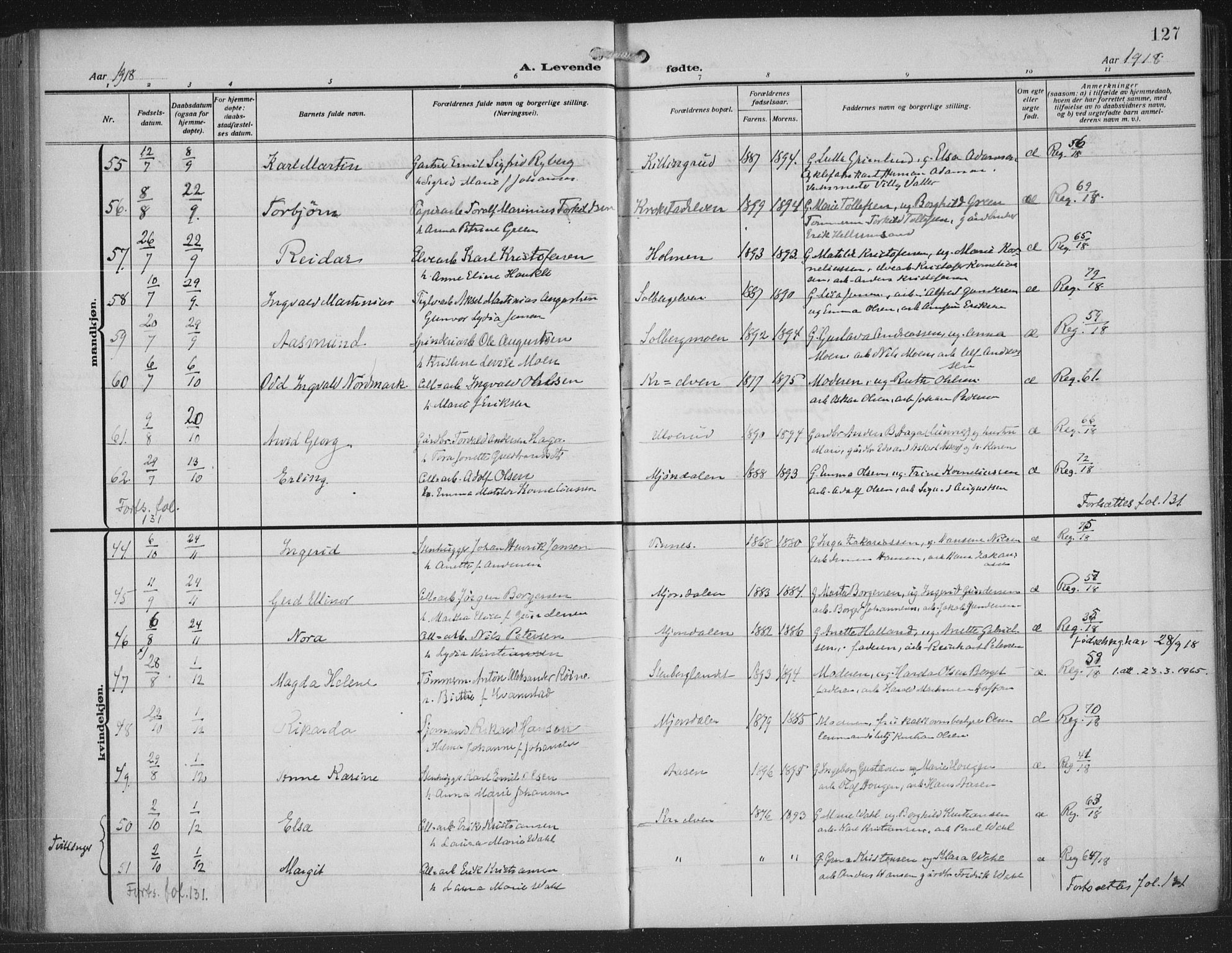 Nedre Eiker kirkebøker, AV/SAKO-A-612/F/Fa/L0007: Ministerialbok nr. 7, 1912-1918, s. 127