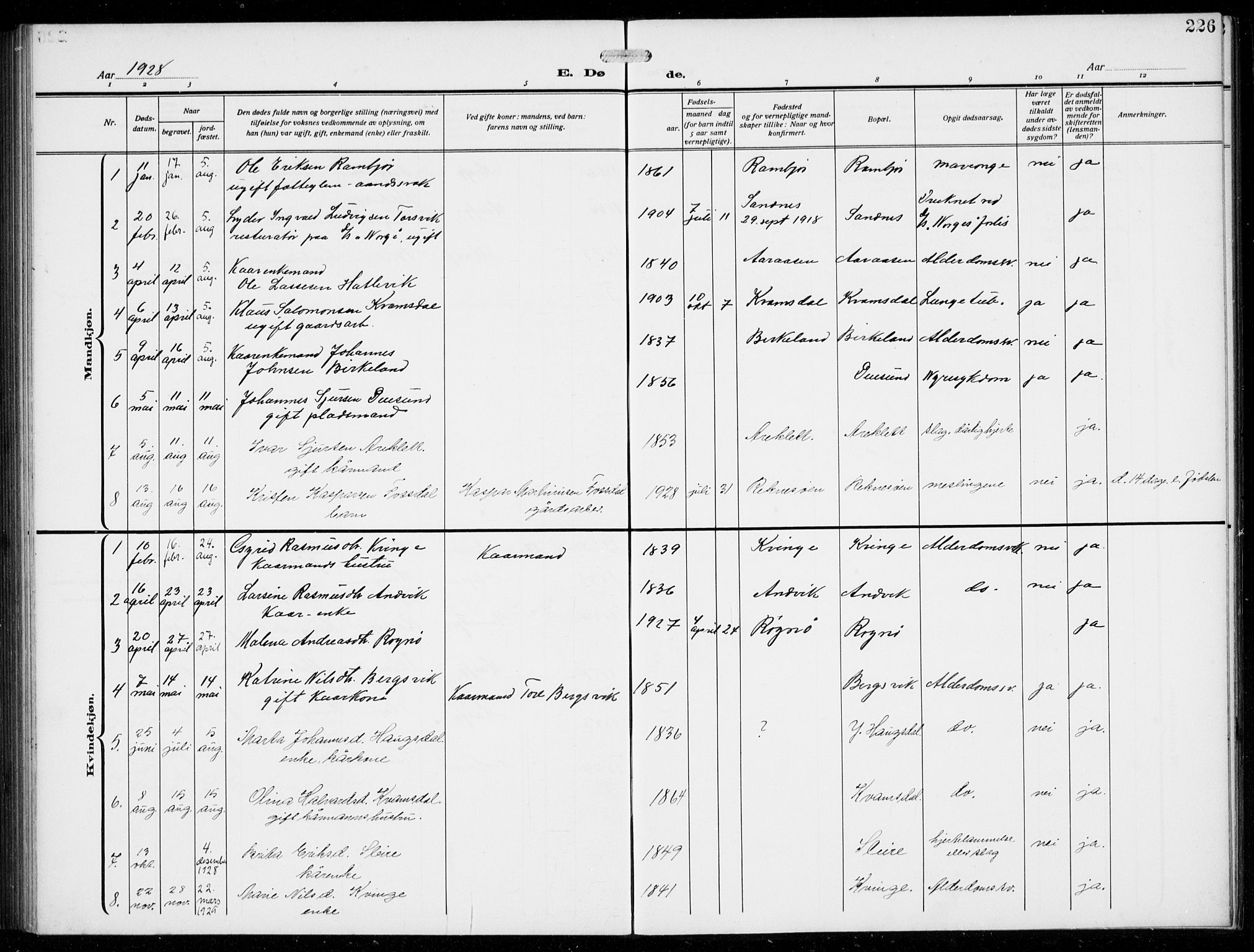 Masfjorden Sokneprestembete, AV/SAB-A-77001: Klokkerbok nr. B  2, 1912-1939, s. 226