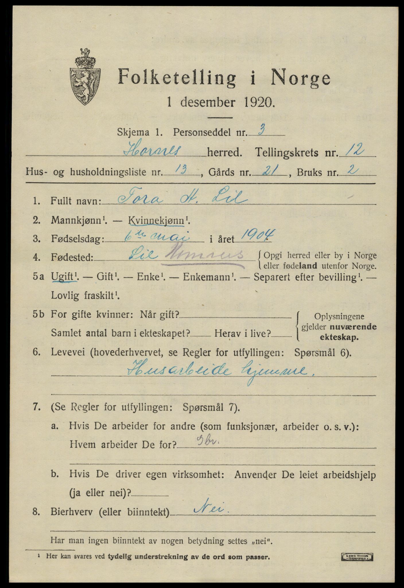 SAK, Folketelling 1920 for 0936 Hornnes herred, 1920, s. 3031