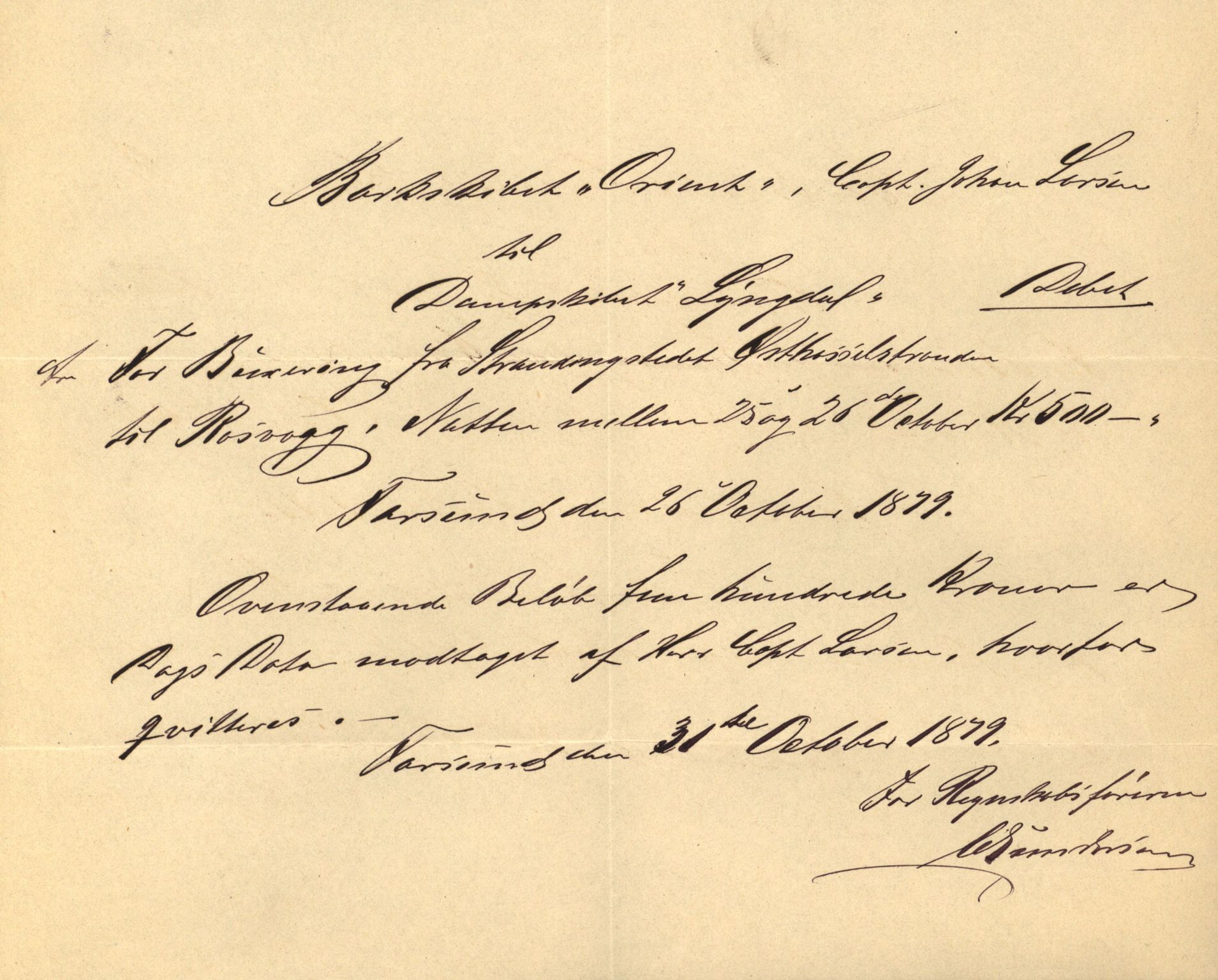 Pa 63 - Østlandske skibsassuranceforening, VEMU/A-1079/G/Ga/L0011/0009: Havaridokumenter / Orient, 1879