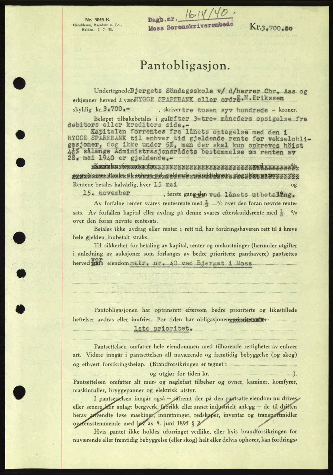 Moss sorenskriveri, SAO/A-10168: Pantebok nr. B10, 1940-1941, Dagboknr: 1614/1940