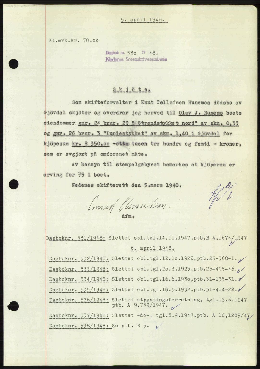 Nedenes sorenskriveri, SAK/1221-0006/G/Gb/Gba/L0059: Pantebok nr. A11, 1948-1948, Dagboknr: 530/1948