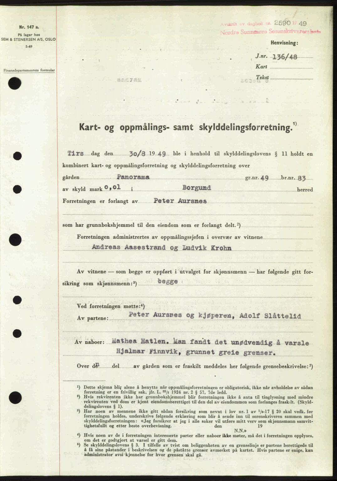 Nordre Sunnmøre sorenskriveri, SAT/A-0006/1/2/2C/2Ca: Pantebok nr. A32, 1949-1949, Dagboknr: 2590/1949