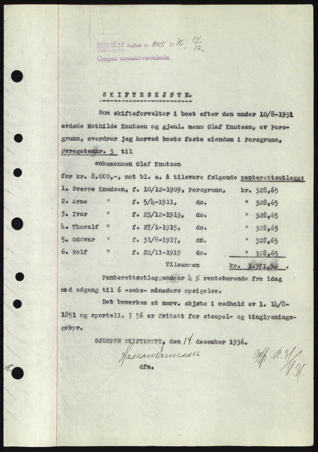 Gjerpen sorenskriveri, SAKO/A-216/G/Ga/Gae/L0067: Pantebok nr. A-66 - A-68, 1936-1937, Dagboknr: 3105/1936