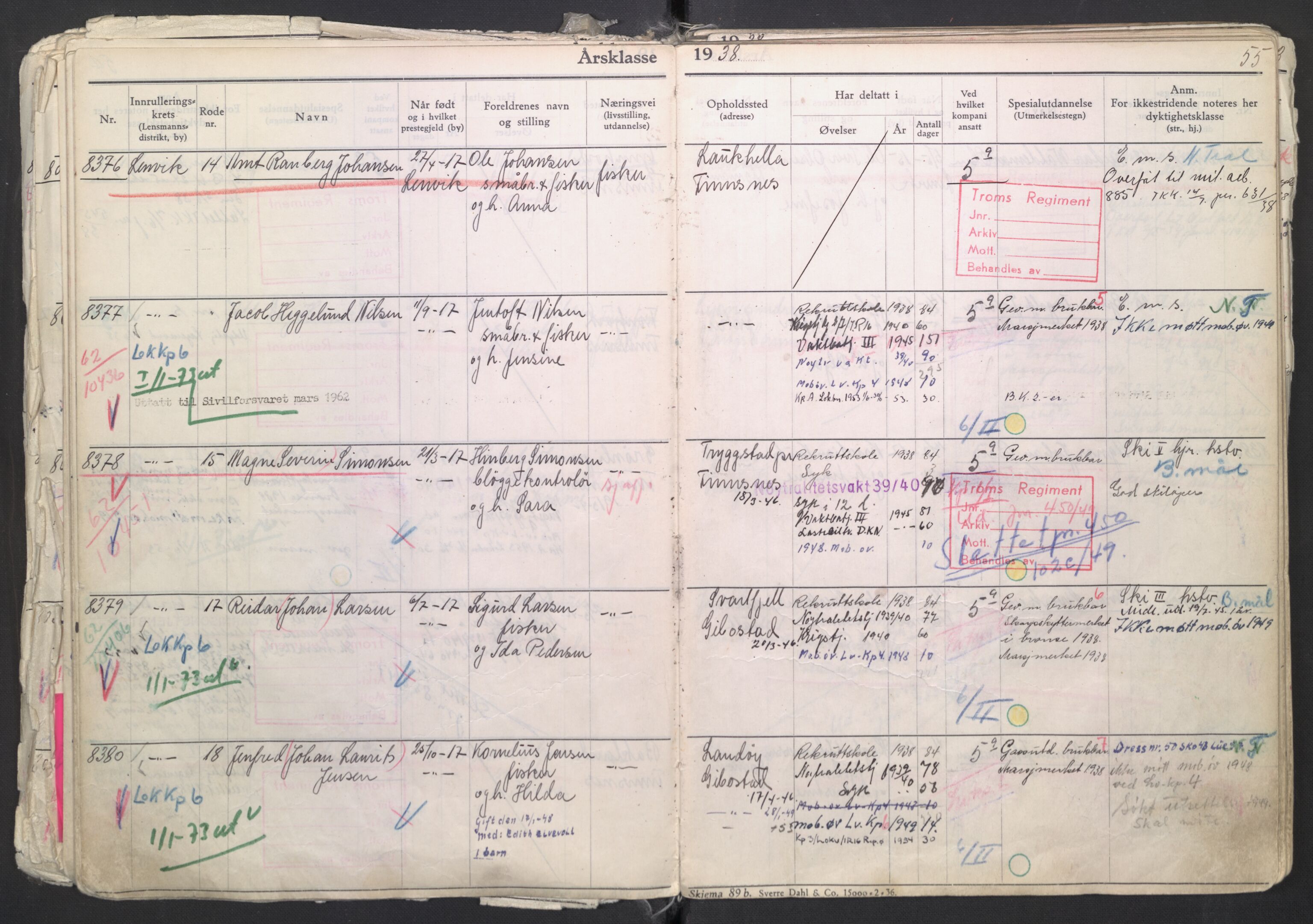 Forsvaret, Troms infanteriregiment nr. 16, AV/RA-RAFA-3146/P/Pa/L0007/0003: Ruller / Rulle for regimentets menige mannskaper, årsklasse 1938, 1938, s. 55