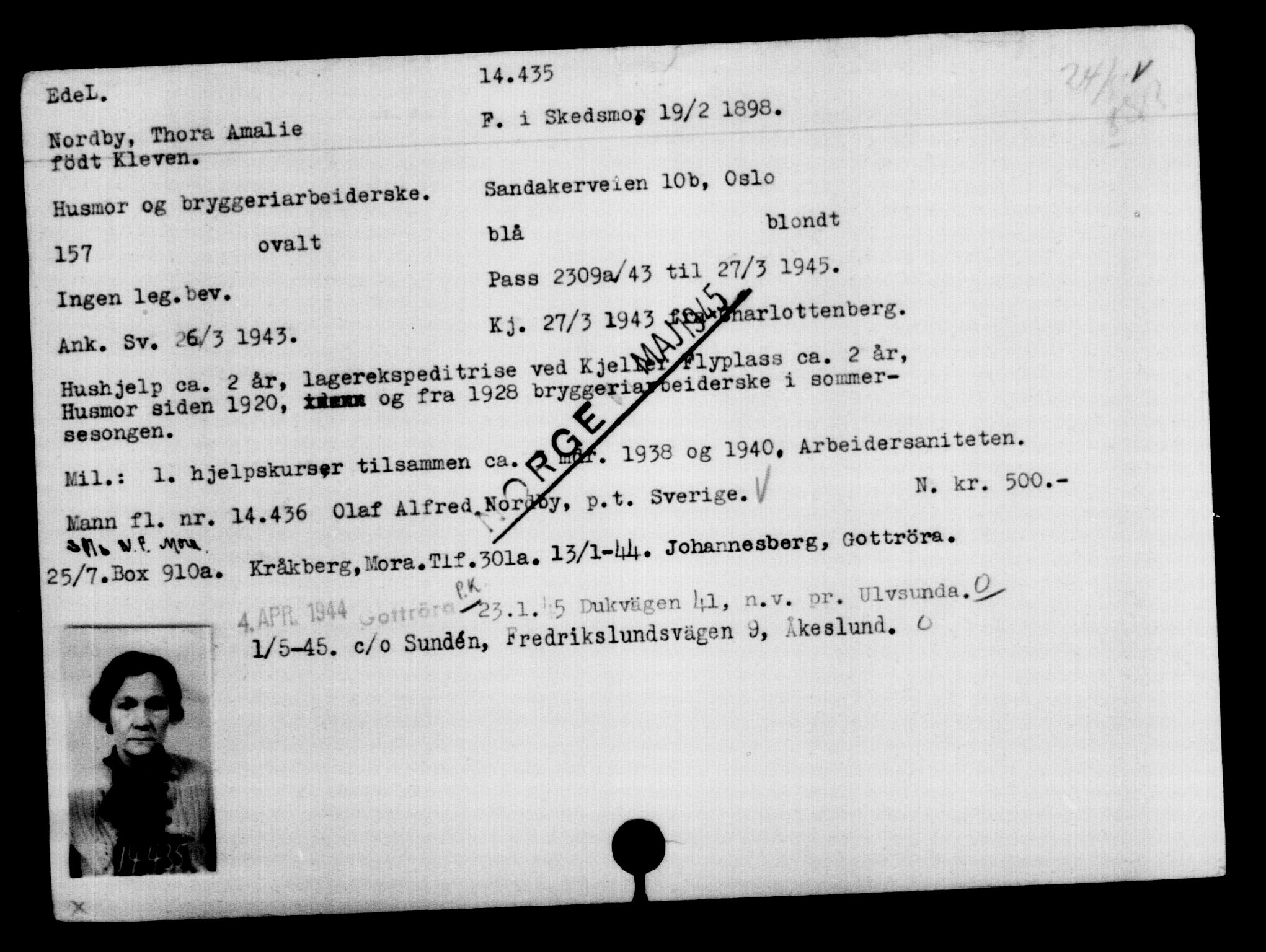Utenriksstasjonene, Legasjonen i Stockholm, Flyktningkontoret, AV/RA-S-6753/V/Va/L0007: Kjesäterkartoteket, flyktninger med registreringsnr. 12700-15723, 1940-1945, s. 2005