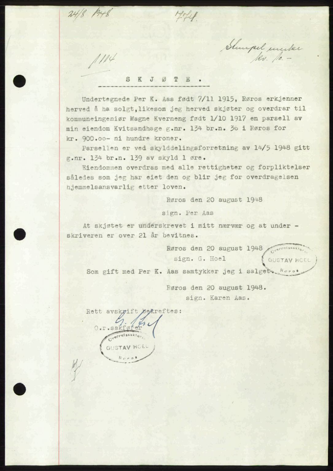 Gauldal sorenskriveri, SAT/A-0014/1/2/2C: Pantebok nr. A6, 1948-1948, Dagboknr: 1114/1948