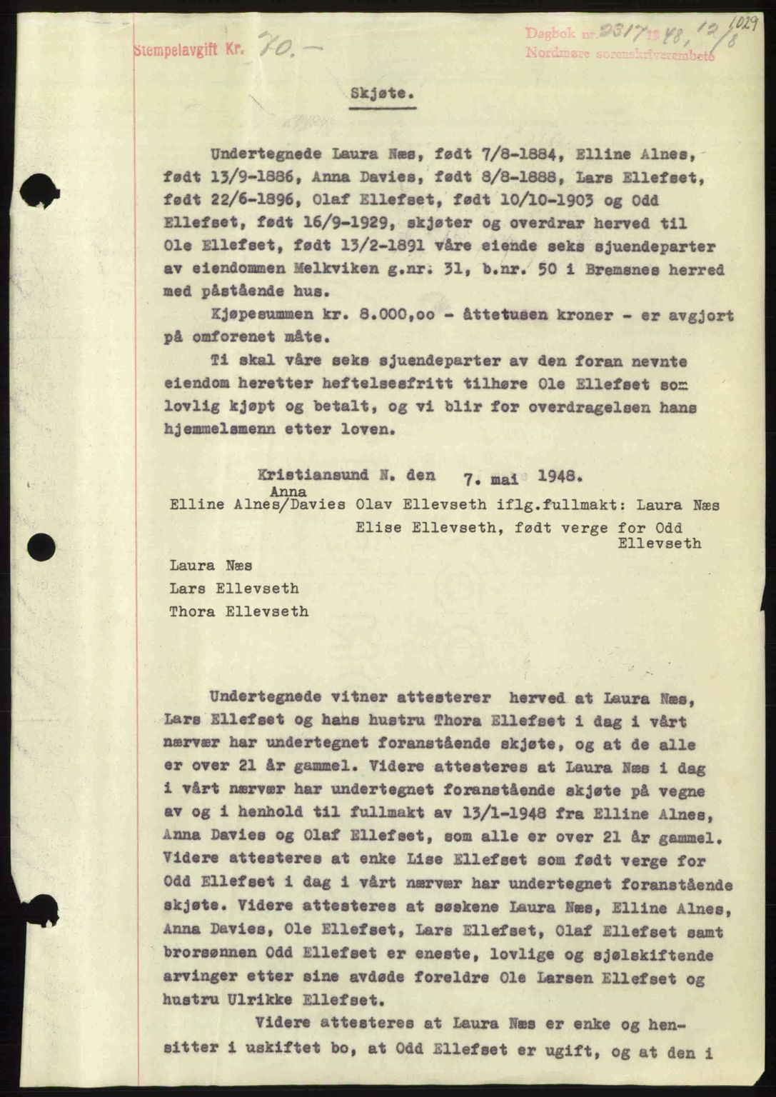 Nordmøre sorenskriveri, SAT/A-4132/1/2/2Ca: Pantebok nr. A108, 1948-1948, Dagboknr: 2317/1948