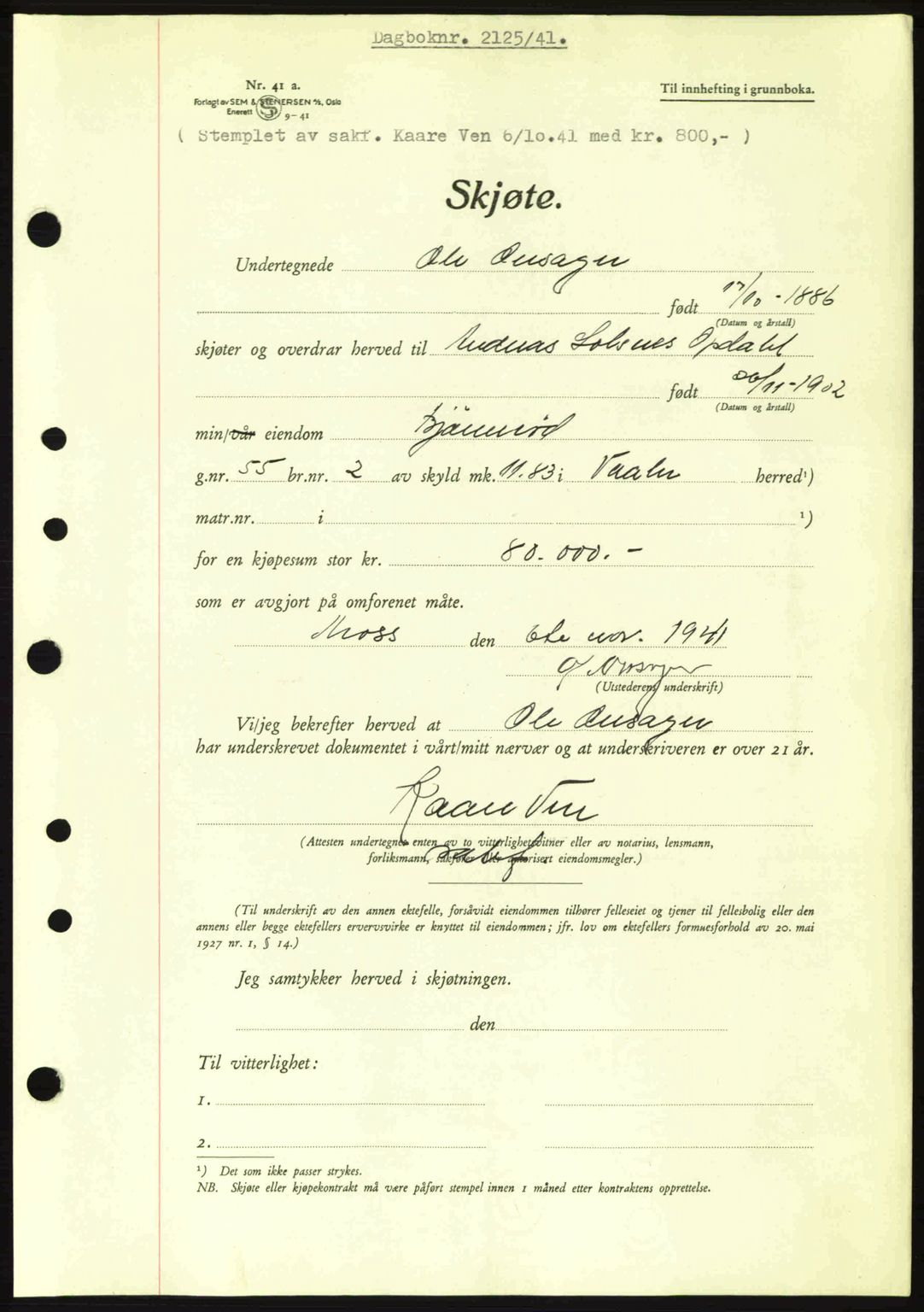 Moss sorenskriveri, SAO/A-10168: Pantebok nr. A9, 1941-1942, Dagboknr: 2125/1941